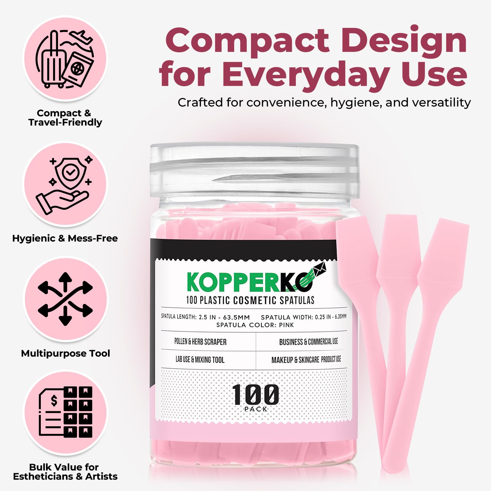 Kopperko Cosmetic Spatulas (2.5   , 100 Pack) - Small Plastic Spatula for Cosmetics, Creams & Crafts | Essential Esthetician Sup