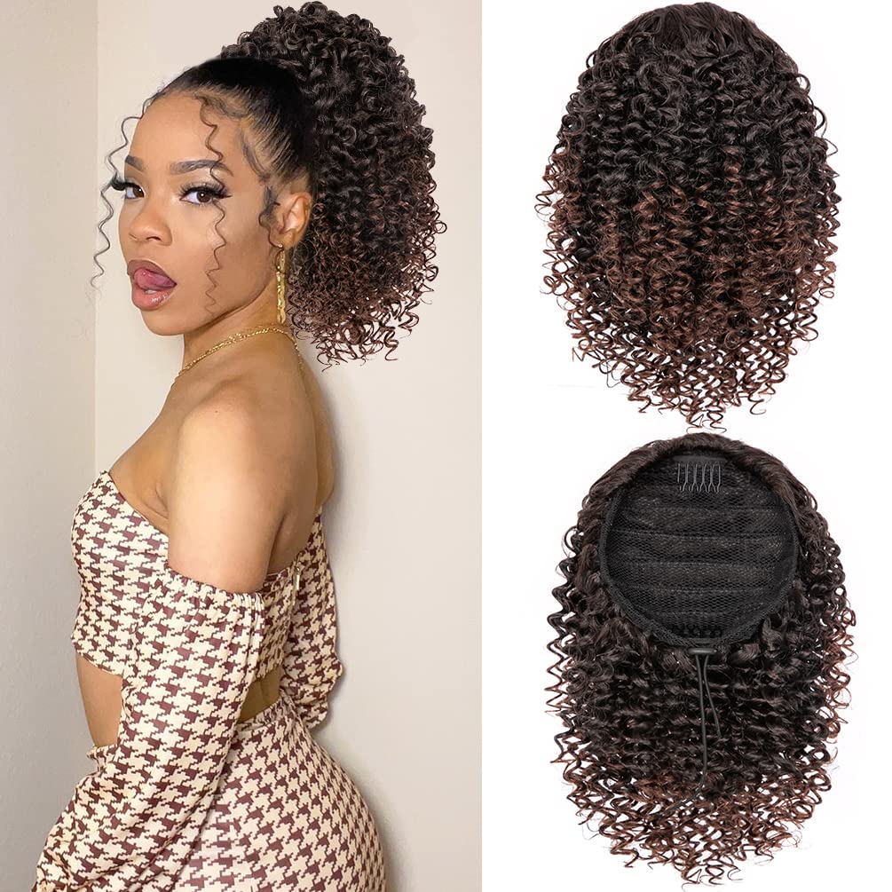 rosmile Short Kinky Curly Ponytail Extension for Black Women, 10 Inch Ombre Natural Black To Brown Drawstring Curly Ponytail wit