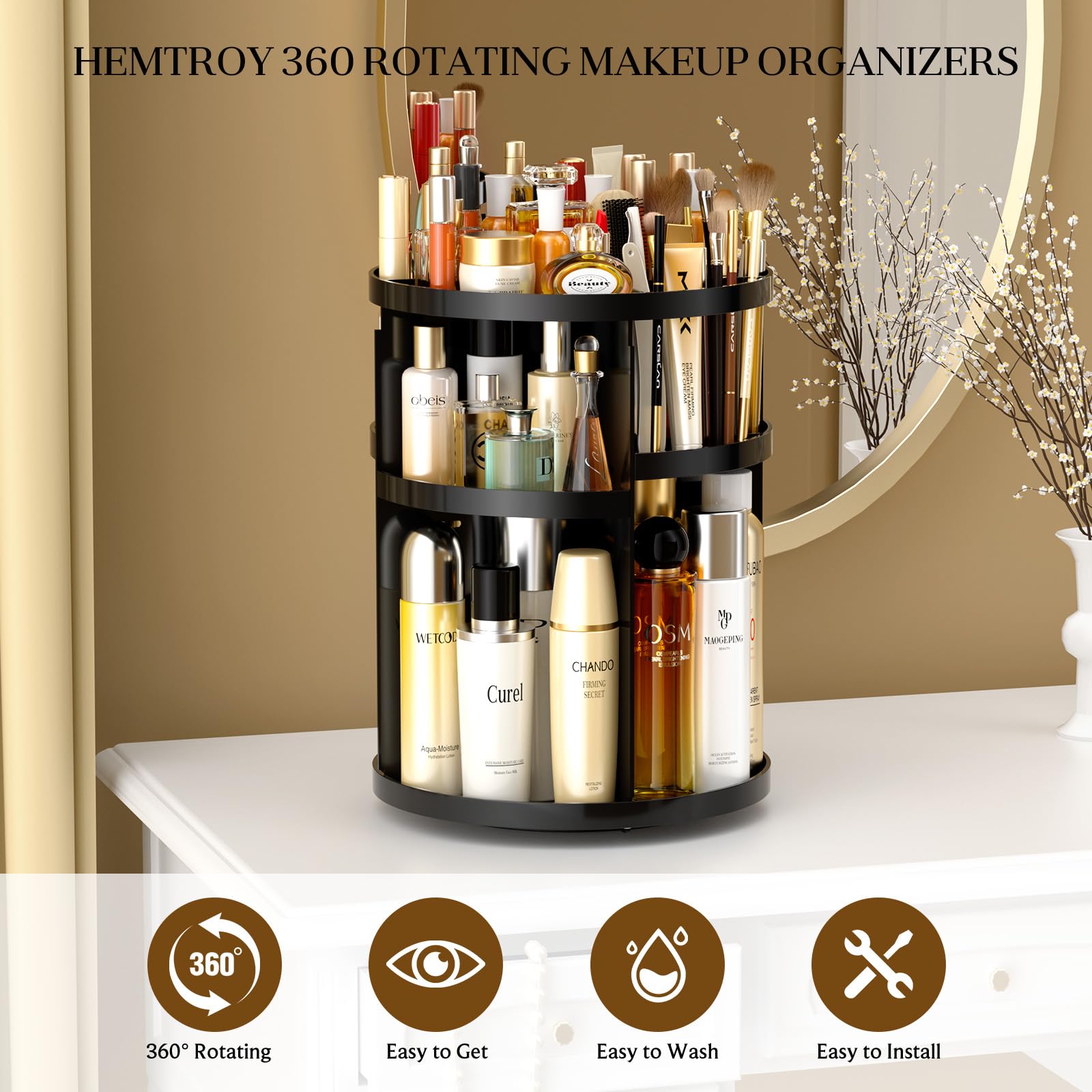 Hemtroy Makeup Organizer 360 Rotating, Adjustable Skincare Organizers With Brush Holder, Cosmetics Display Cases For Vanity Bath