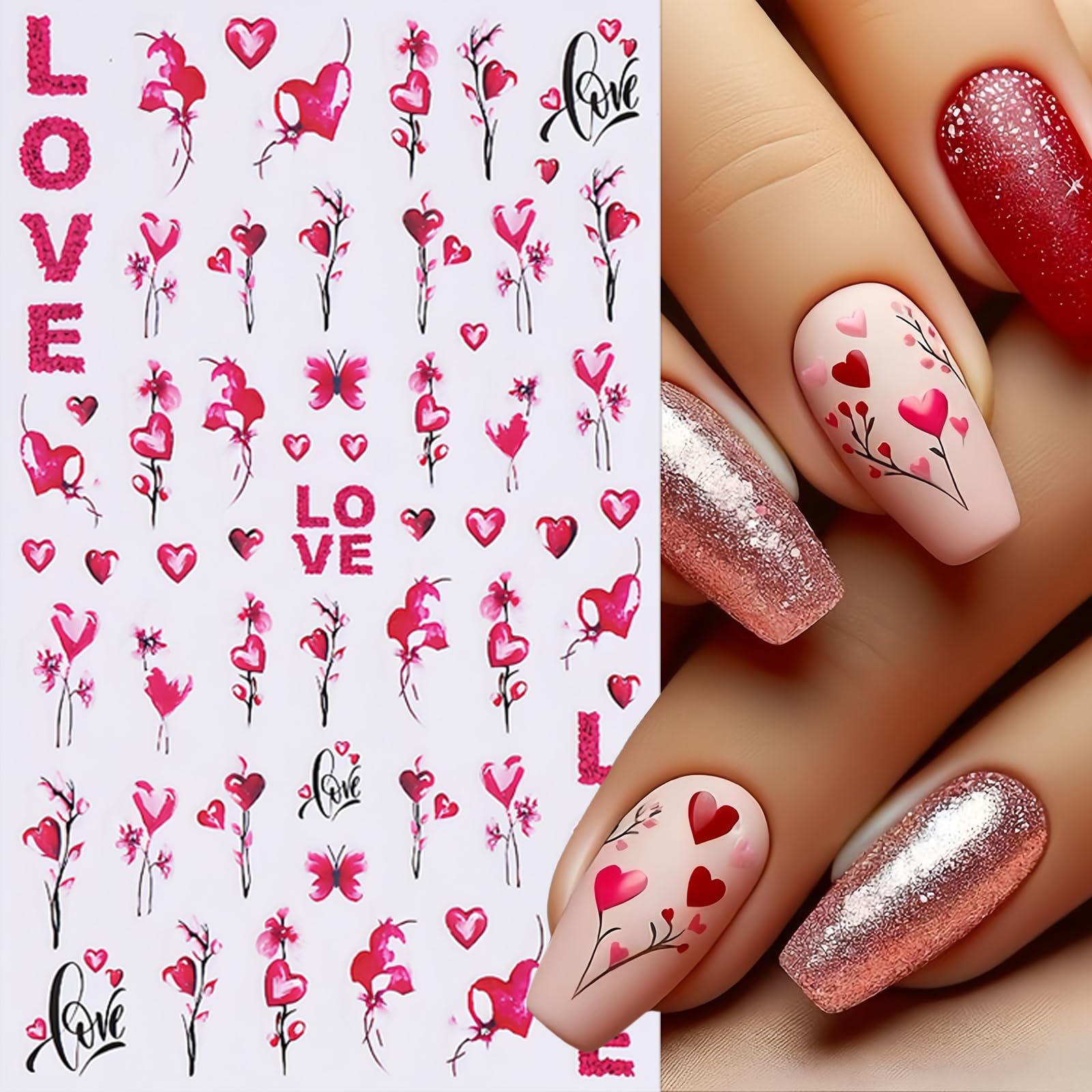 Valentine'S Day Colorful Heart Nail Stickers 3D Self-Adhesive Nail Decals Sexy Lips Flower Nail Supplies Red Rose Flower Cute Ca
