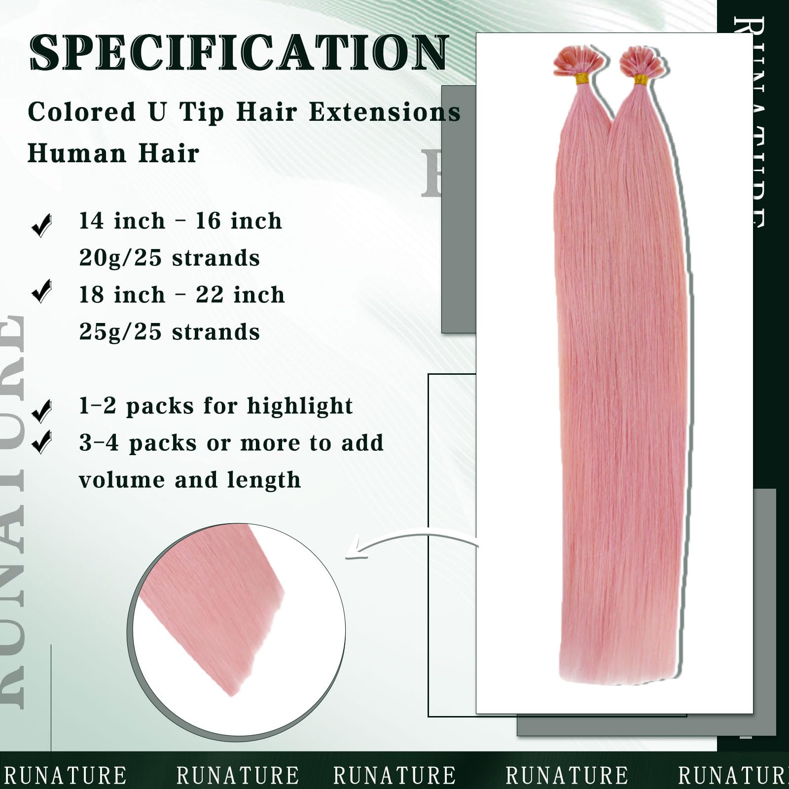 RUNATURE 20 Inch U Tip Hair Extensions Real Human Hair Pink U Tip Human Hair Extensions 25g 25s Remy K Tip Hair Extensions Real