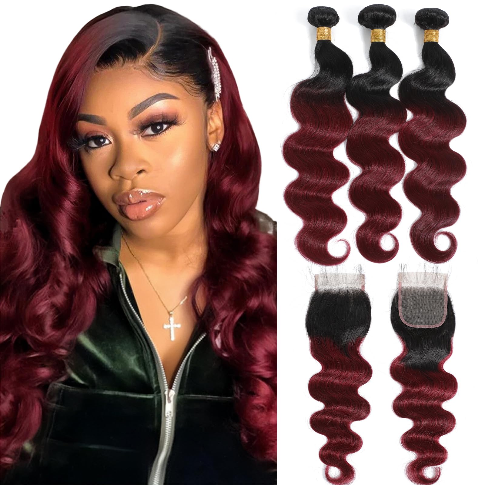 Kapelli Hair 10A Ombre Brazilian Human Hair With Closure (22 24 26+20) Brazilian Human Hair 3 Bundles With Closure Brazilian Bod