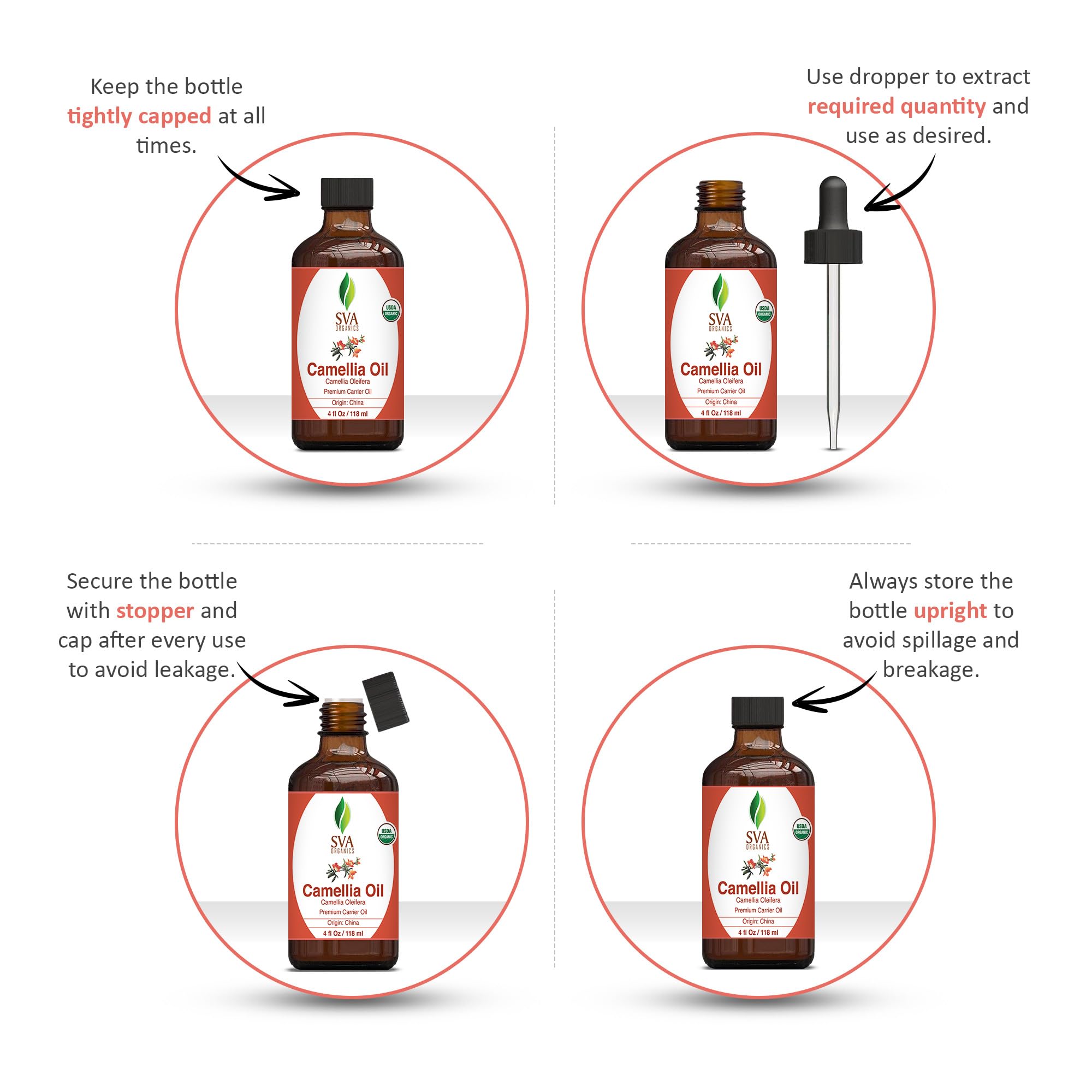 Sva Camellia Seed Oil Organic - 4 Fl Oz - 100% Natural Cold Pressed Organic Camellia Oil - For Face, Skin Care, Hair Care, Scalp