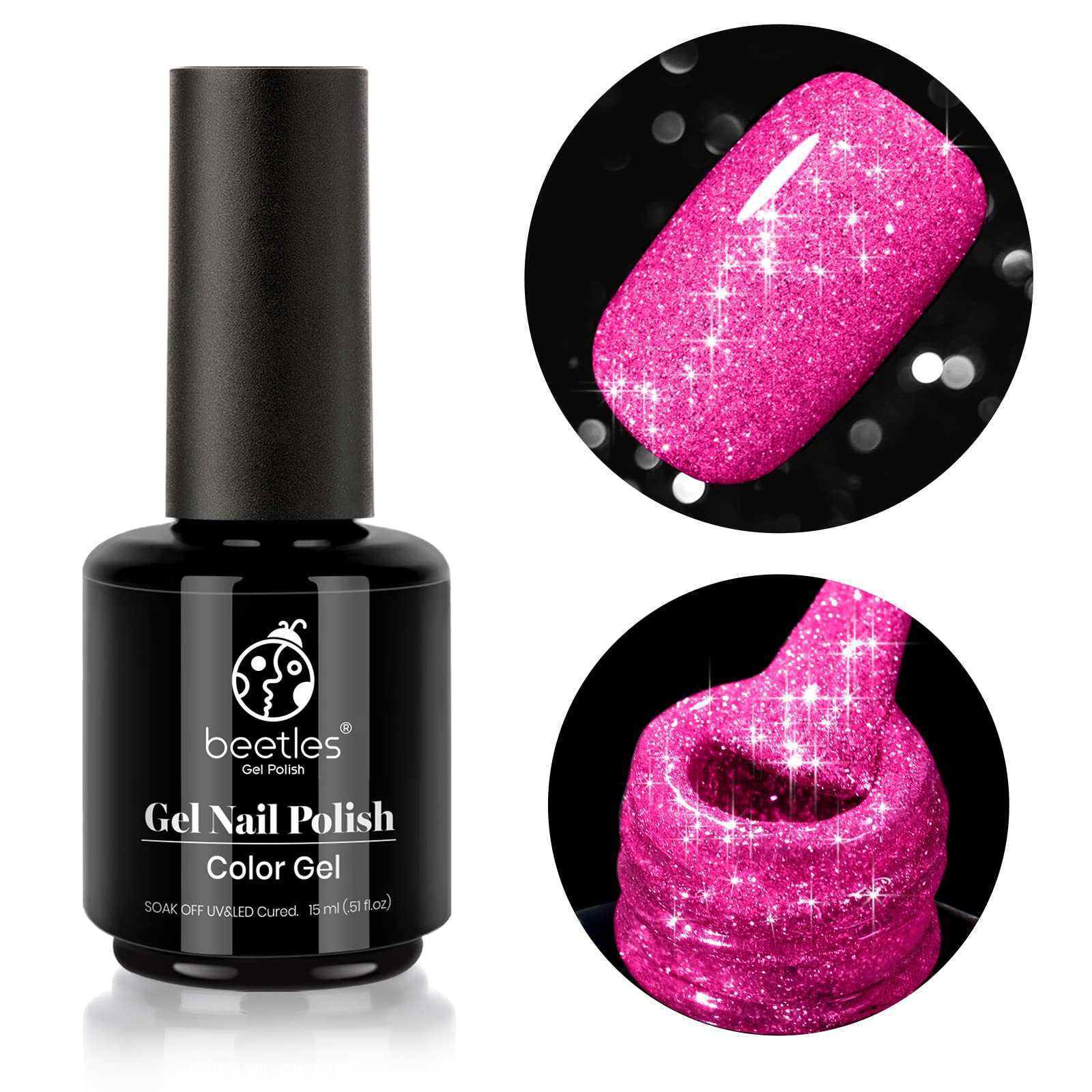 Beetles Reflective Gel Nail Polish Pink Gel Polish, 15ML Hot Pink Glitter Diamond Gel Color Soak Off Sparkle Gel Polish UV Nail 
