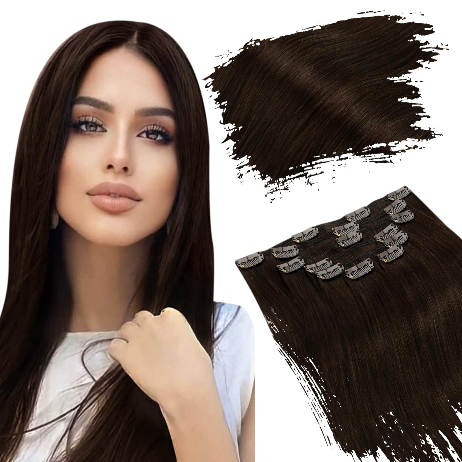 Ugeat 16 Inch Clip In Extensions Human Hair #2 Darkest Brown Clip In Hair Extensions Real Human Hair Double Weft With Lace Clip