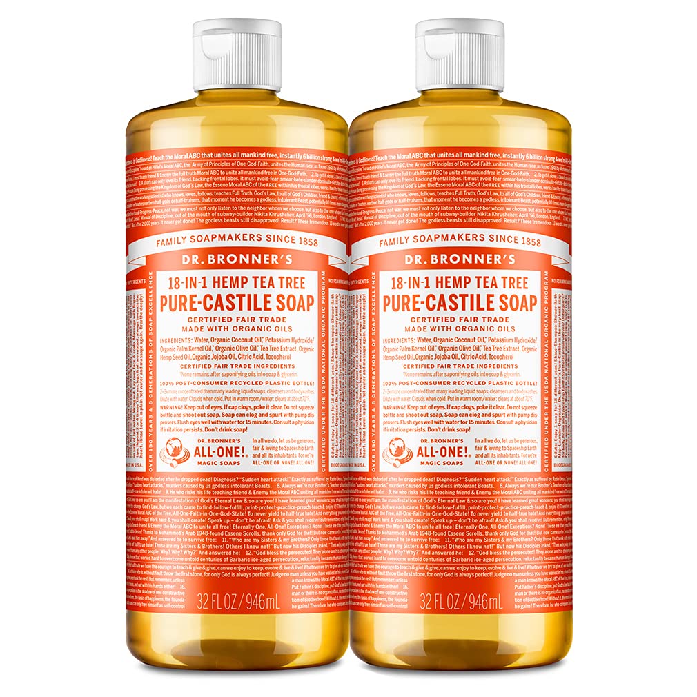 Dr. Bronner'S - Pure-Castile Liquid Soap (Tea Tree, 32 Ounce, 2-Pack) - Made With Organic Oils, 18-In-1 Uses: Acne-Prone Skin, D