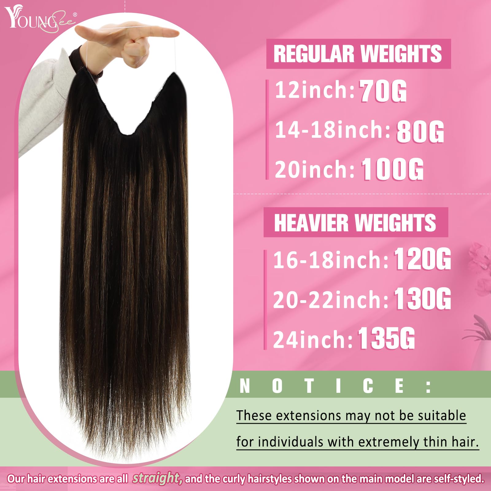 YoungSee Wire Hair Extensions Brown Balayage Straight Wire Real Hair - Darkest Brown & Medium Brown, Hypoallergenic Fish Line De
