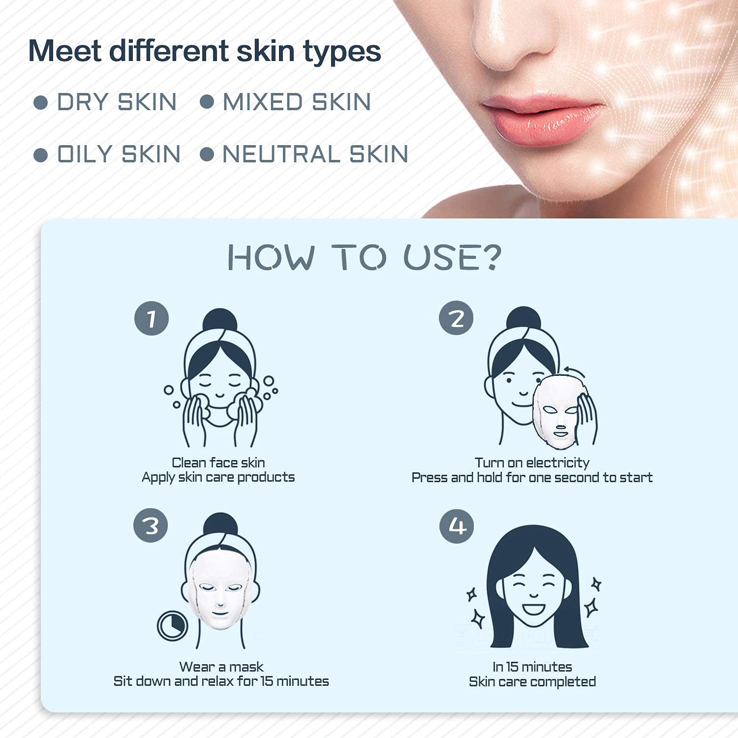 Led Face Mask Light Therapy, 7 Led Light Therapy Facial Skin Care Mask - Blue & Red Light for Acne Photon Mask - Skin Care Mask