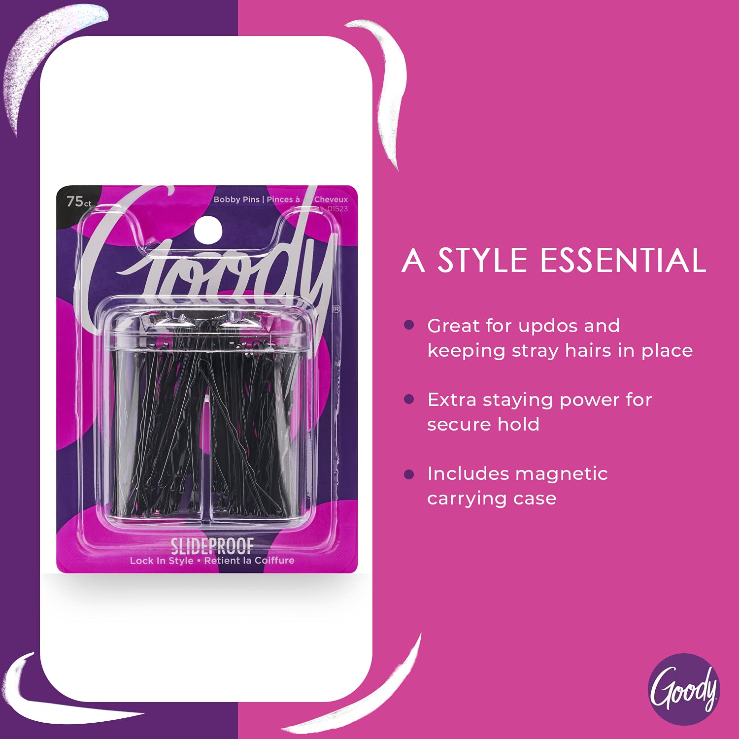 Goody Bobby Pin Box With Magnetic Top - 75 Count, Black - Slideproof And Lock In Place - Suitable For All Hair Types - Pain-Free