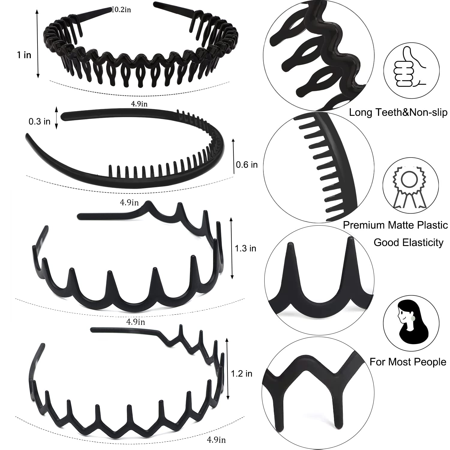 Ultimute 8 Pcs Fashion No Slip Effortless Plastic Headbands With Teeth Comb Black Skinny Hair Bands For Women Men Teen Girls, Ma