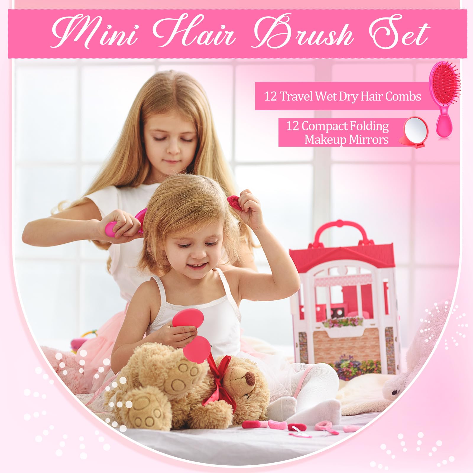 Meanplan 24 Pcs Mini Hair Brush Set 12 Travel Wet Dry Hair Combs Pocket Detangling 12 Compact Folding Makeup Mirror for Spa Slee