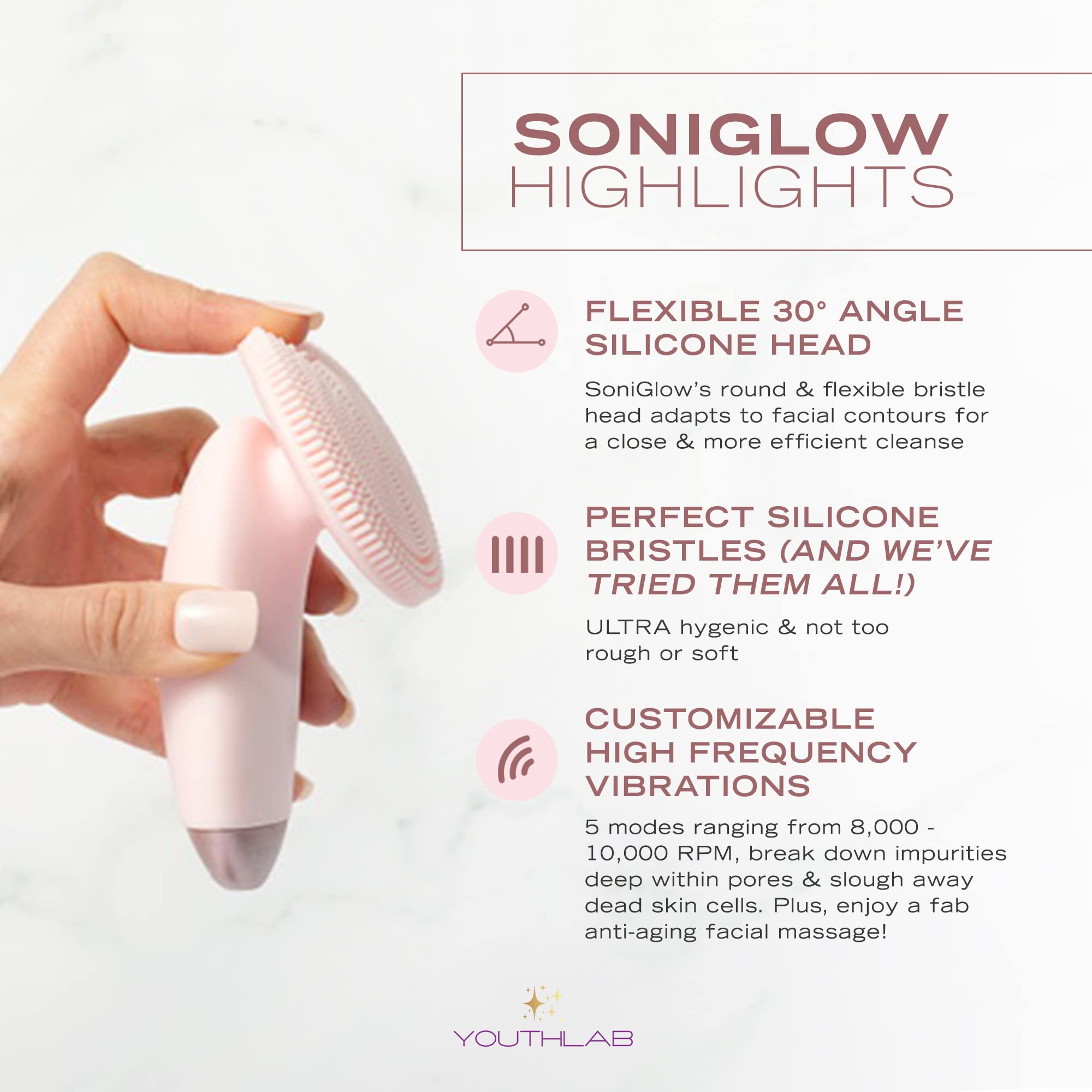 Youthlab Soniglow, Pink, Silicone Facial Skin Cleansing Brush, Electric, Vibrating, Scrubber, Hygienic, Exfoliation, Massage, Fi