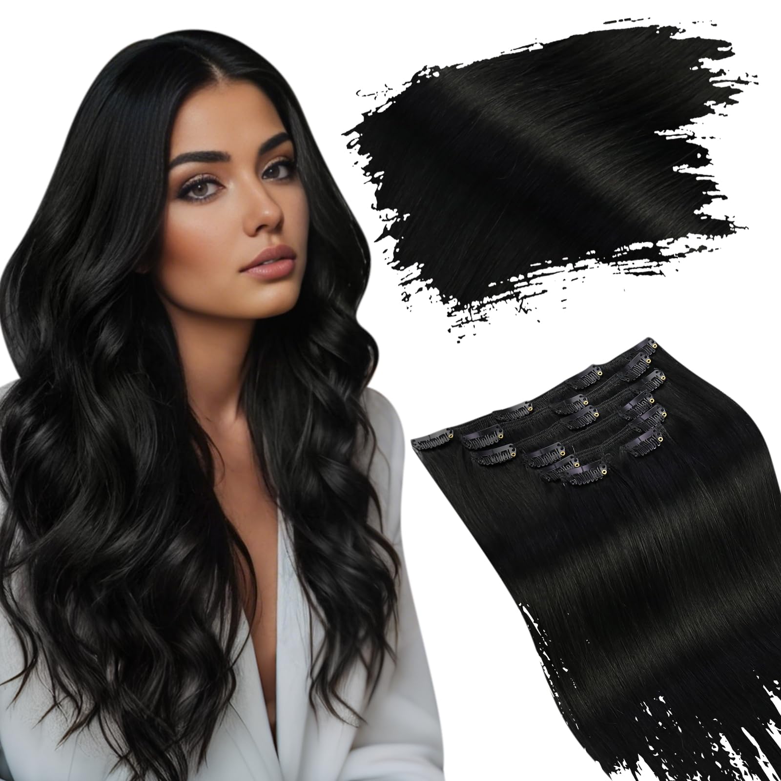 Ugeat 14 Inch Clip In Hair Extensions Real Human Hair #1 Jet Black Double Weft With Lace Human Hair Extensions Clip Ins 8 Pieces
