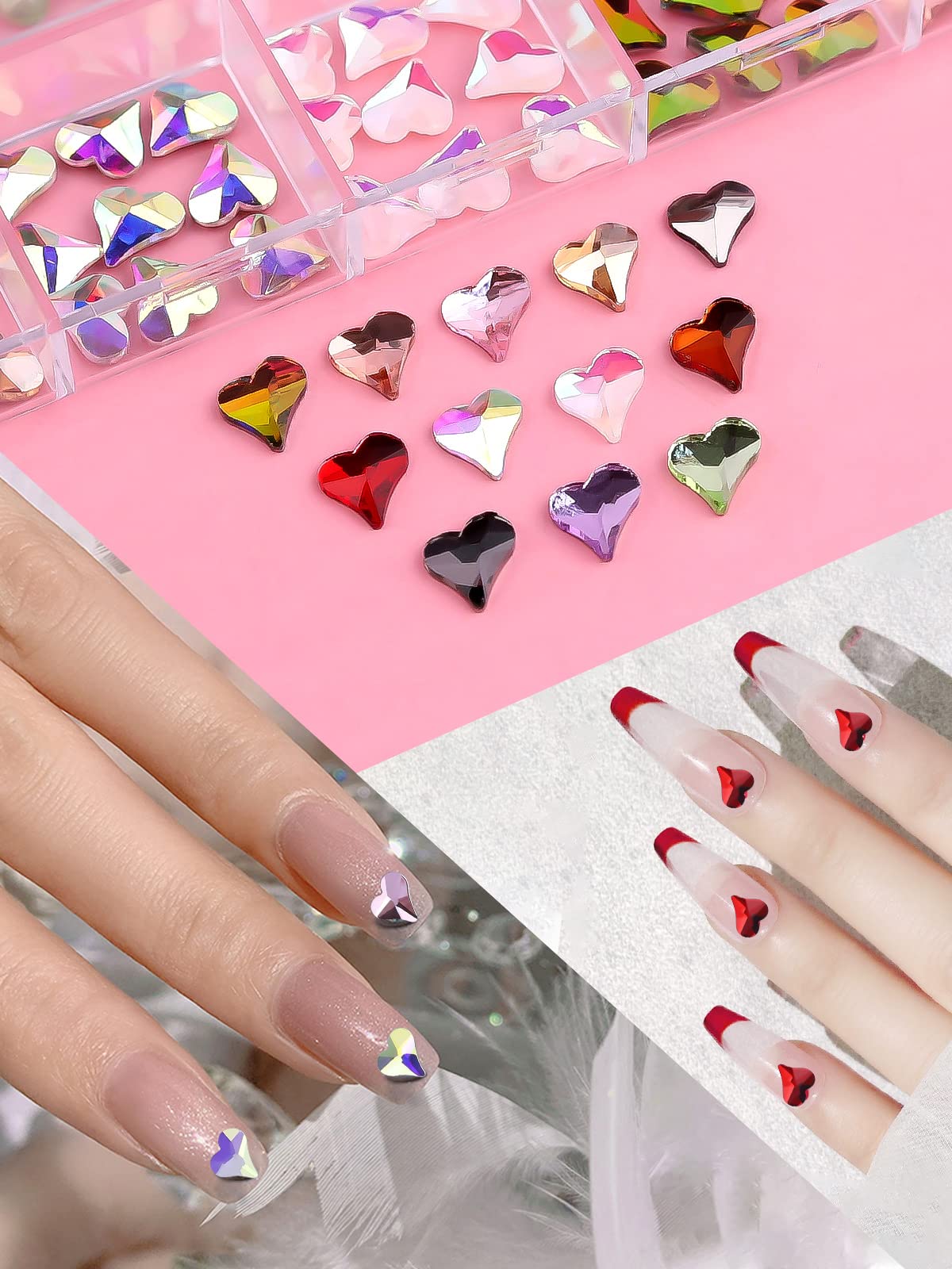 120Pcs Heart Nail Art Rhinestones Charms, Ebanku Heart Crystals Gems For Nails Flat Back Rhinestone Glitter Decals For Valentine