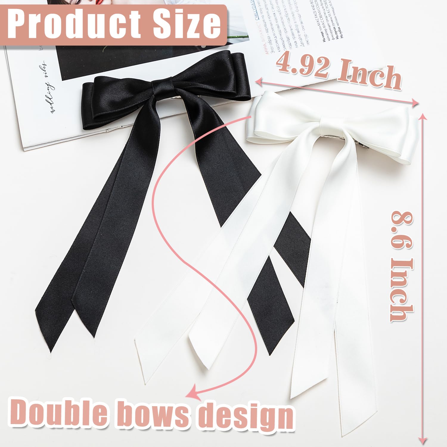 Seneeel Hair Bows, 2 Pcs Large Double Ribbon Bow For Women - Black, White