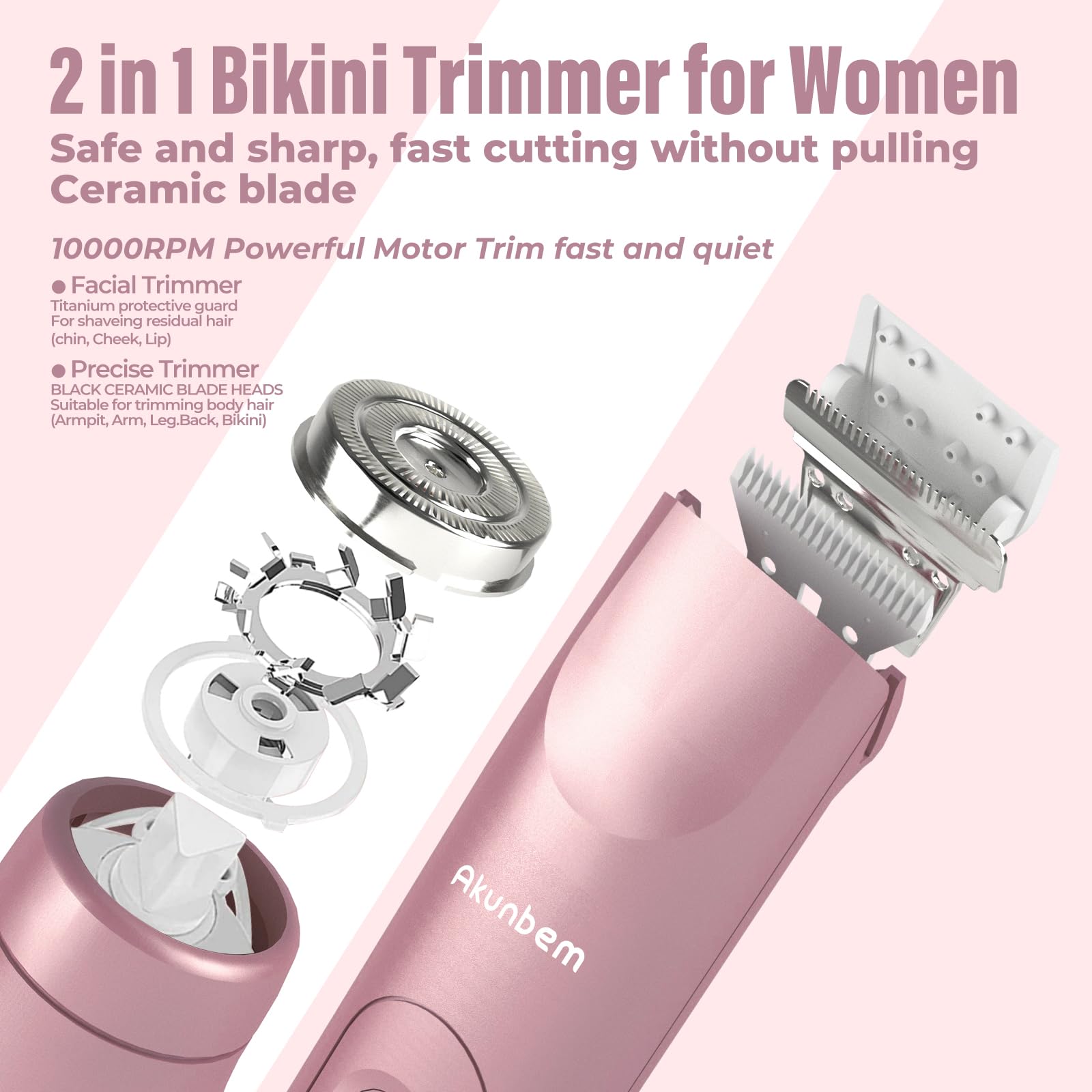 Akunbem 2 In 1 Women Electric Shaver Dual Head Bikini Trimmer For Women Ipx7 Waterproof Wet & Dry Use Body Hair Trimmer And Faci