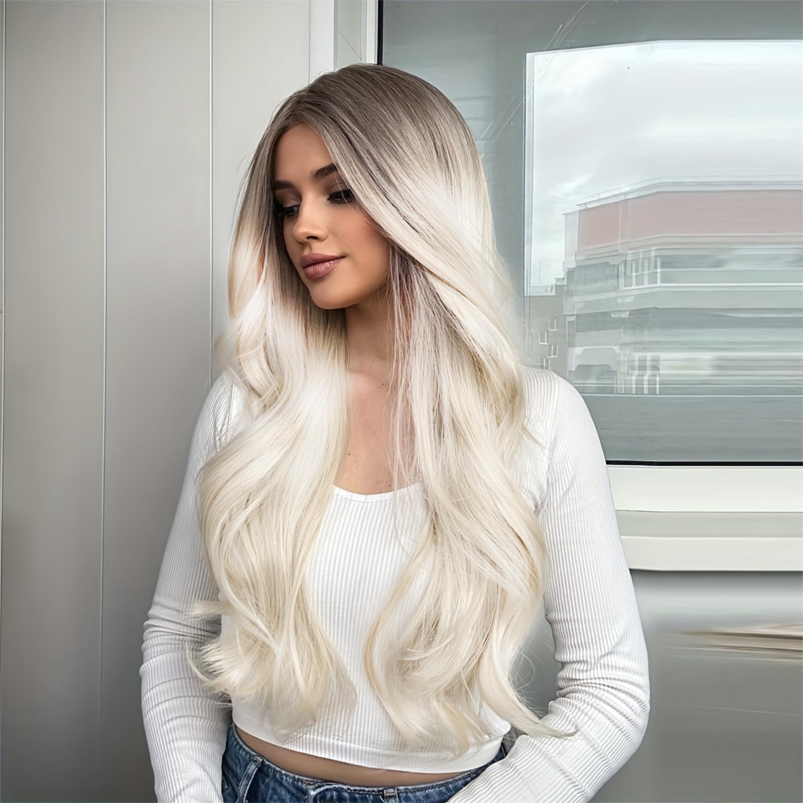 TOZIKA Long Platinum Blonde Wigs for Women White Wig 26inch Wavy Curly Middle Part Lace Wig Upgraded Protein Fiber Hair Replacem