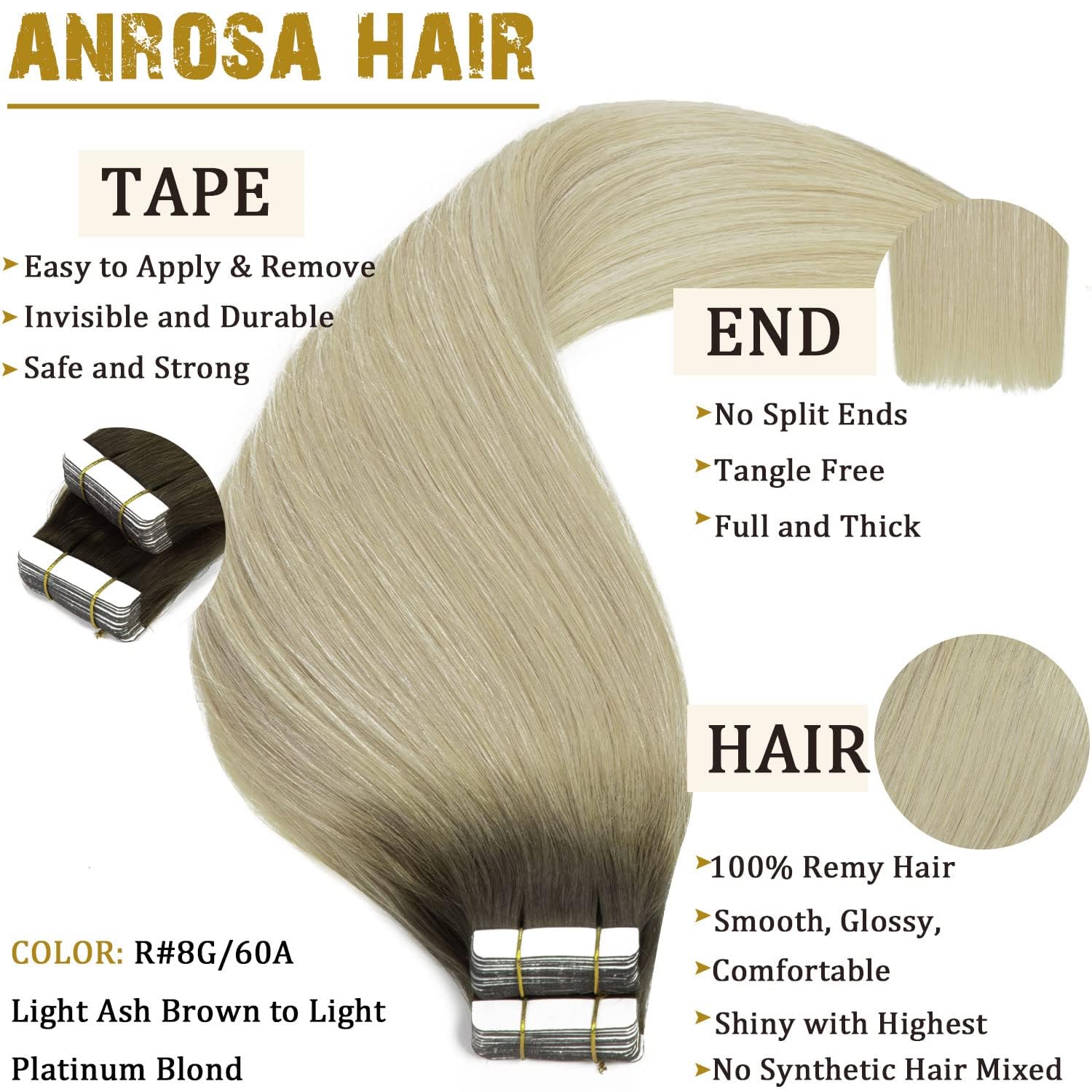 Anrosa Tape In Hair Extensions Real Remy 16Inch Ash Brown To Blonde Fashion Color Tape In Hair Extensions Natural Hair Double Si