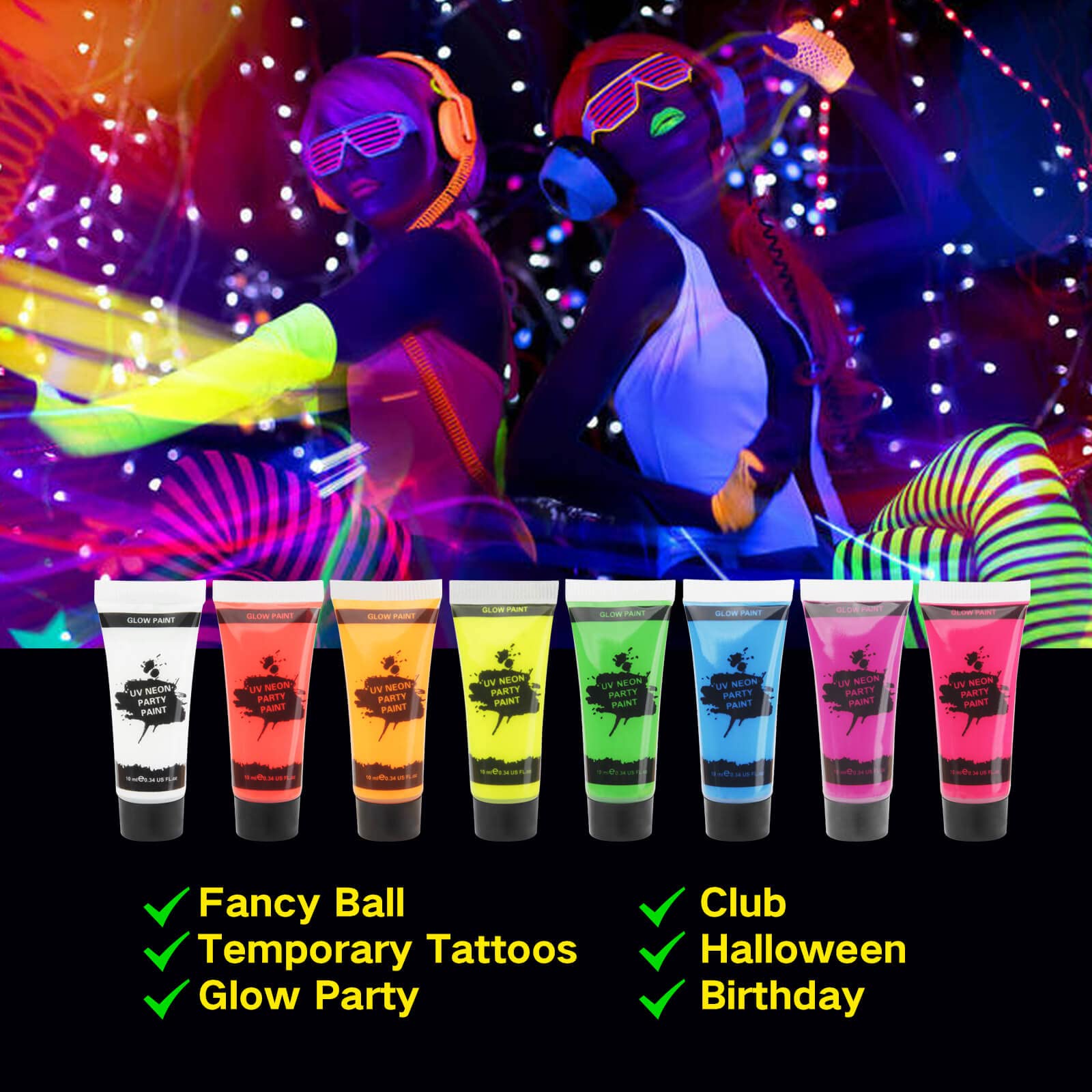 Uv Blacklight Neon Face Body Paint, Meicoly 8 Tubes Blacklight Reactive Paints,Water Based, Washable, Non-Toxic Neon Party Suppl