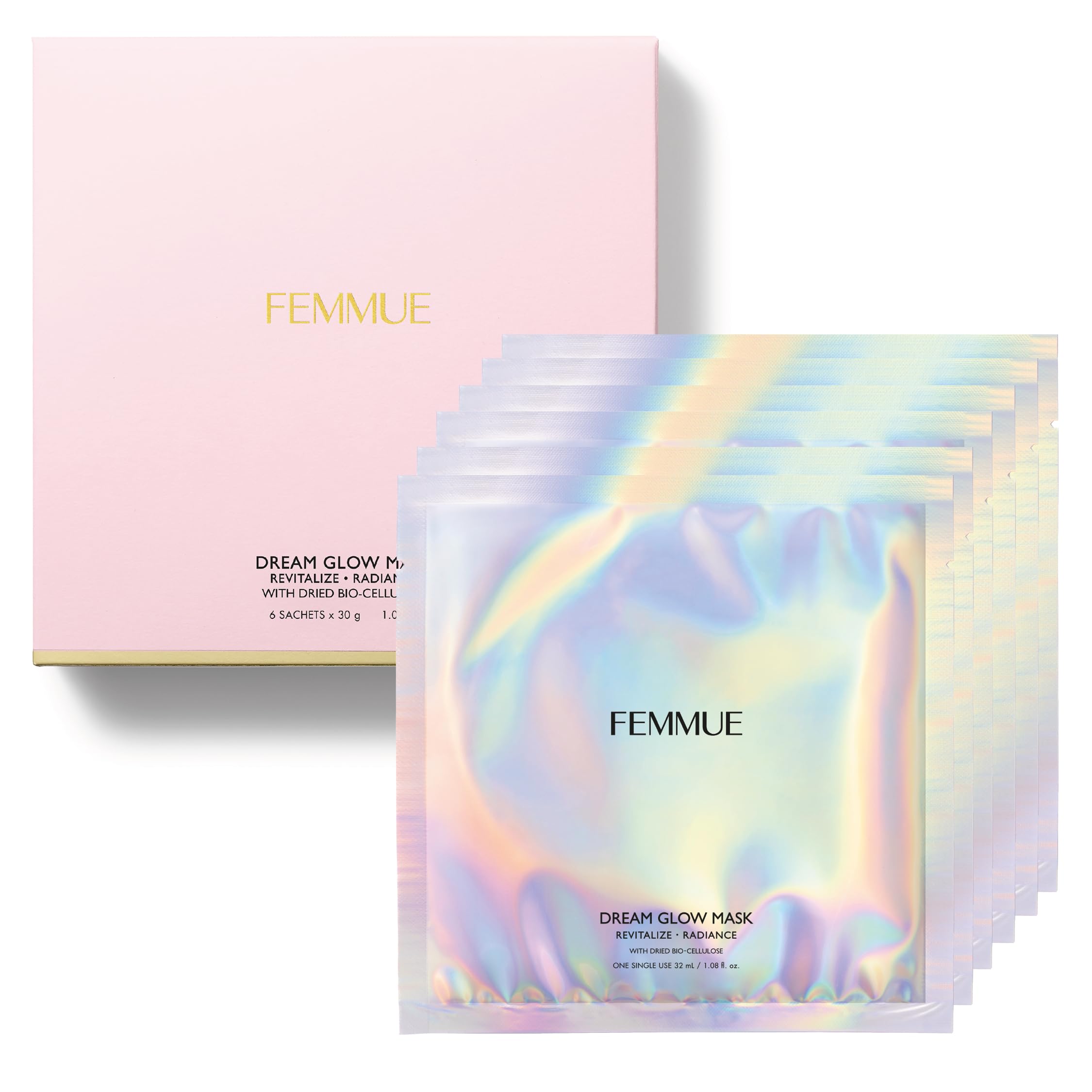 FEMMUE Dream Glow Sheet Mask: Revitalizing Radiance (6pk) | Moisturizing BioCellulose Face Mask With Niacinamide | For Revitali
