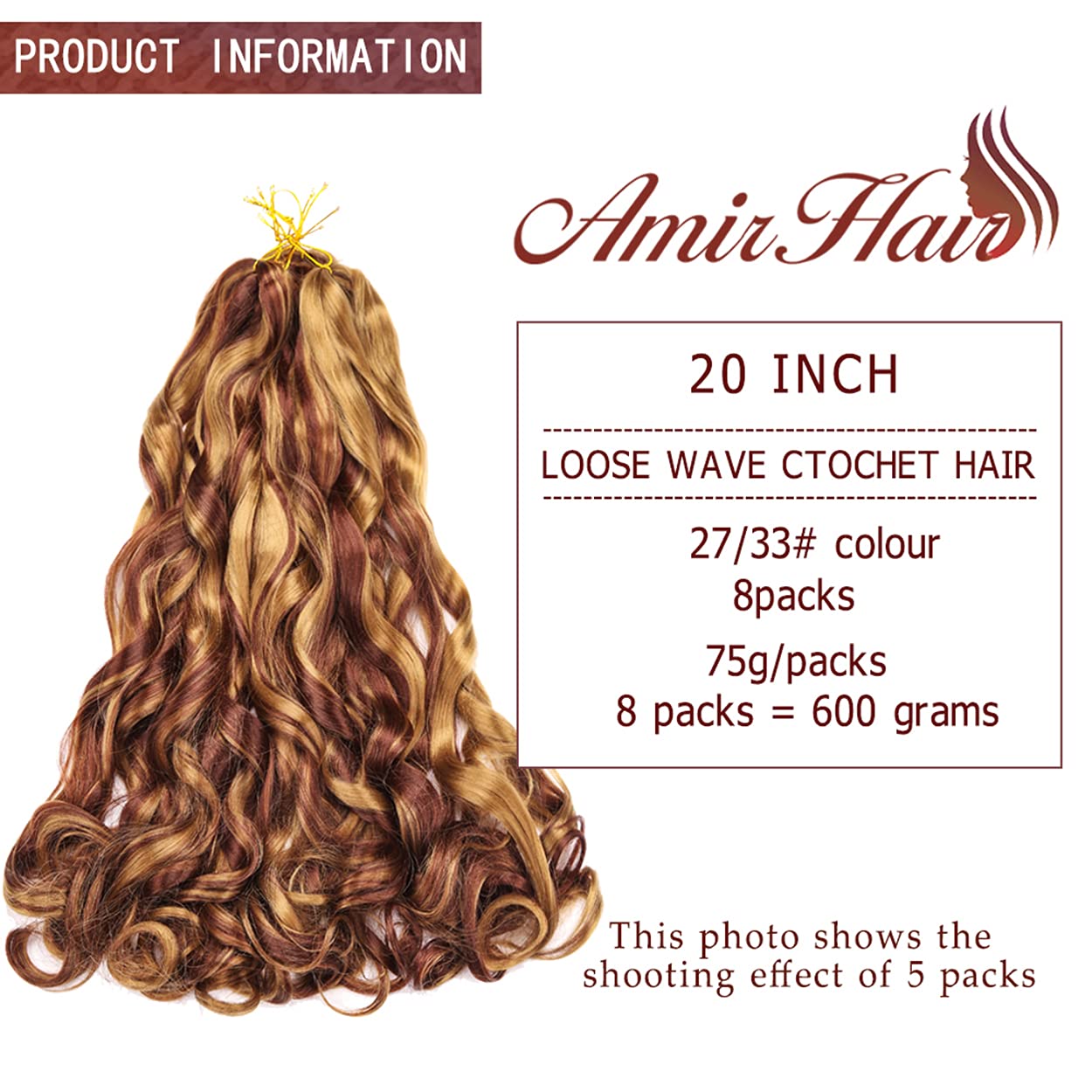 Amir Hair 8 Packs French Curly Braiding Hair 20 Inch Loose Wave Braiding Hair Pre Stretched Synthetic Hair Extensions (27/33#)