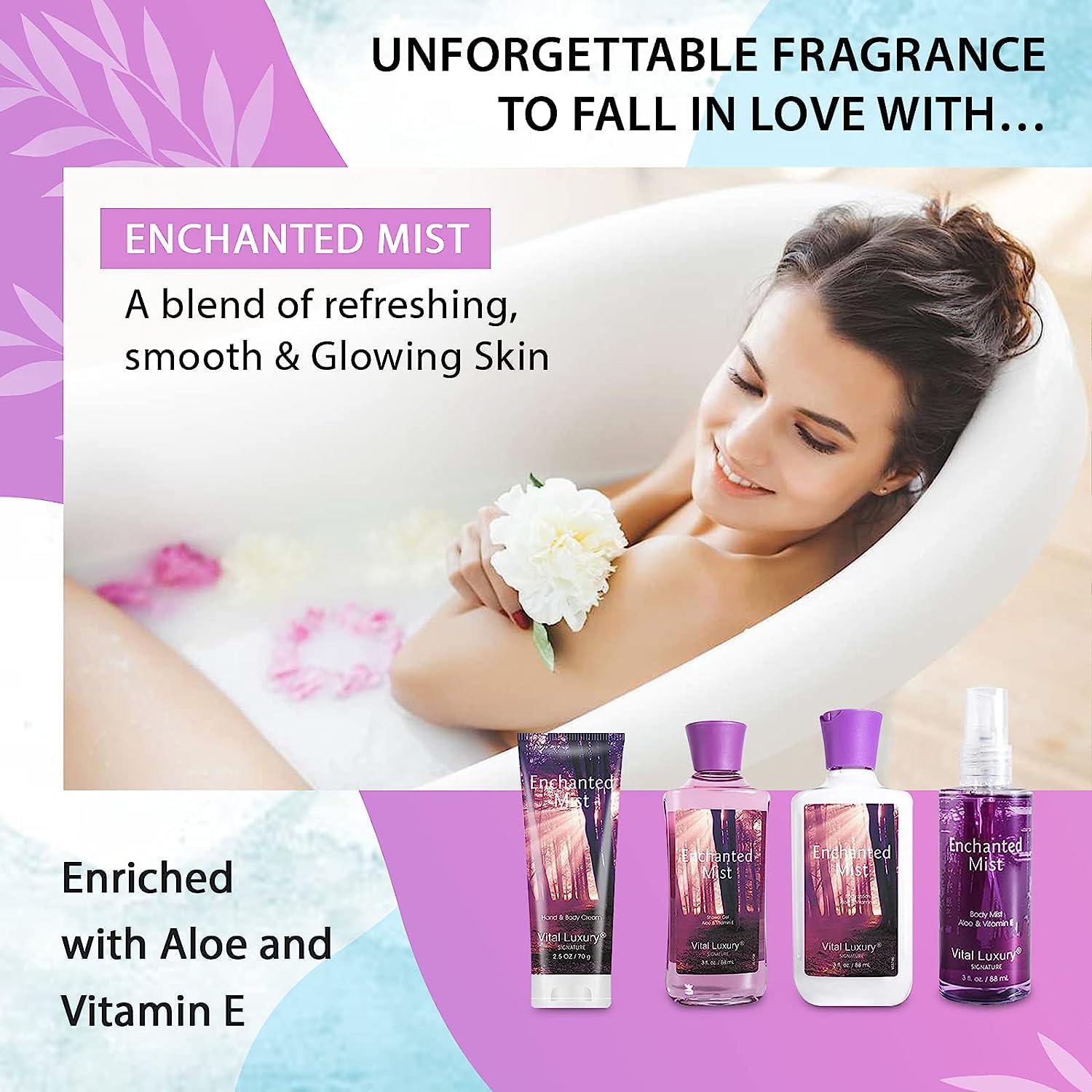 Vital Luxury Enchanted Mist Scent Bath & Body Kit, 3 Fl Oz, Ideal Skincare Gift Home Spa Set, Includes Body Lotion, Shower Gel,