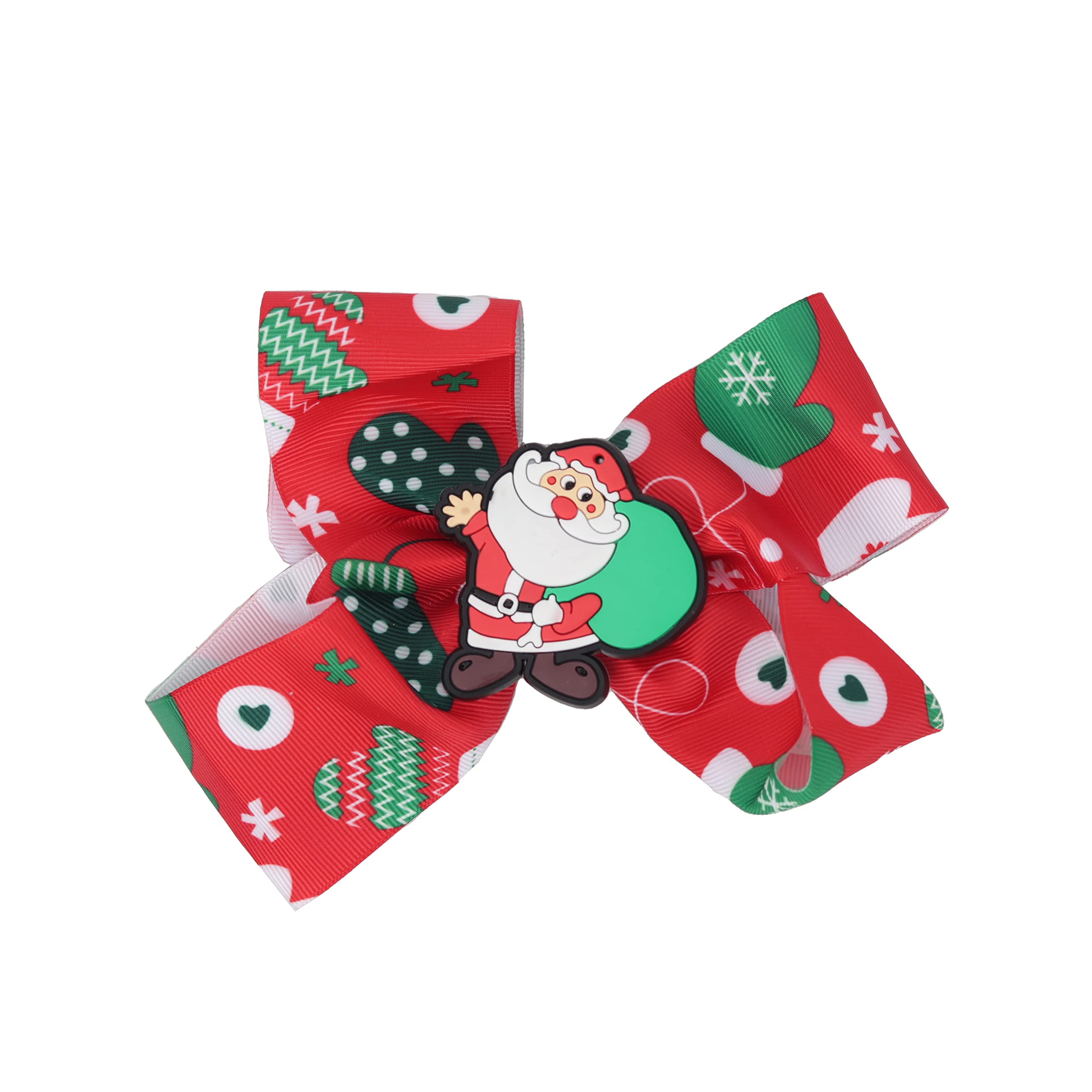 Hair Bow Printed Christmas Bow with Silicone Charm - Red Santa