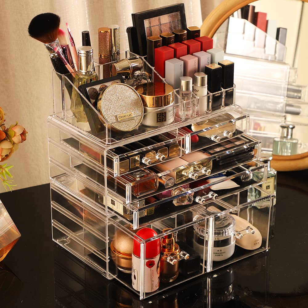 Cq acrylic Clear Makeup Storage Organizer Drawers Skin Care Large Cosmetic Display Cases Stackable Storage Box With 6 Drawers Fo