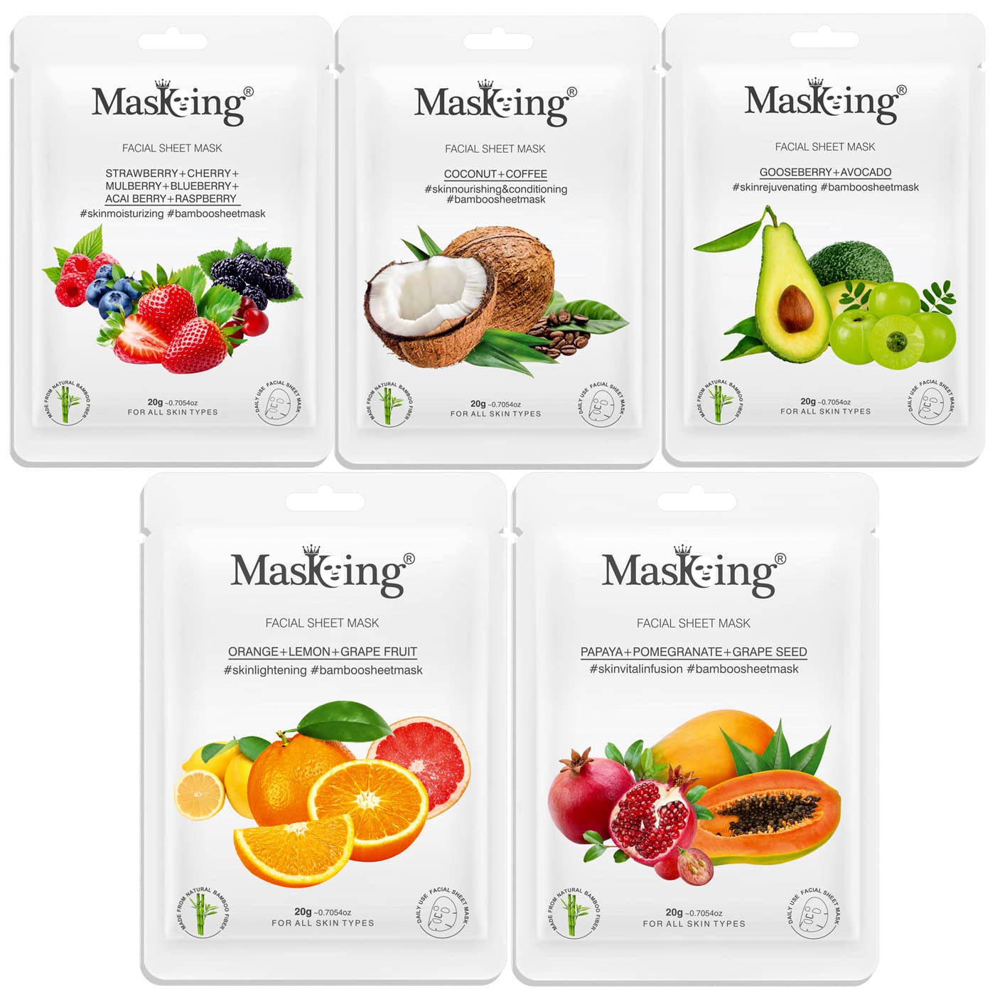 Masking Bamboo Strawberry, Coffee, Gooseberry, Orange & Papaya Glow Face Sheet Mask (Combo Pack Of 05)