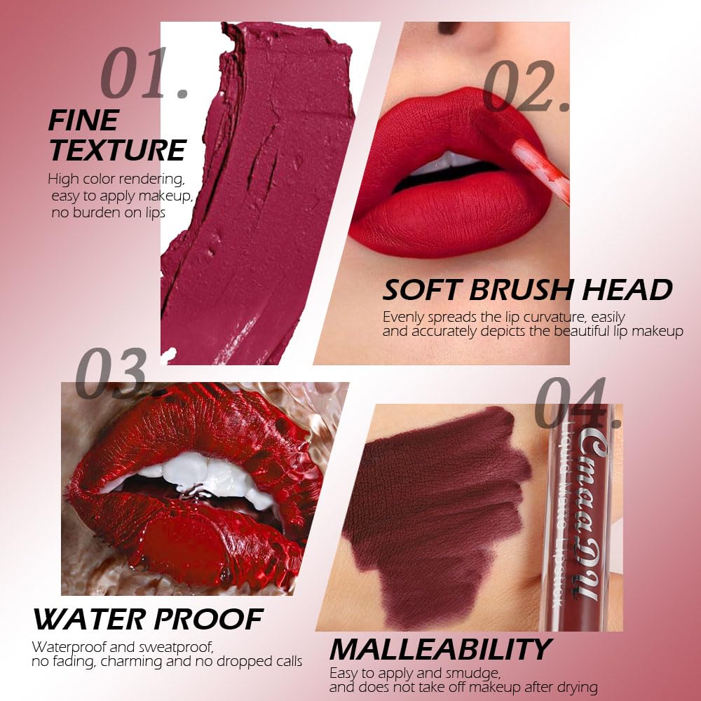 Evpct Cmaadu 1Pcs Deep Red Liquid Matte Lipstick Lipgloss Set For Women, Labiales Mate 24 Horas Originales Matte Larga Duracion