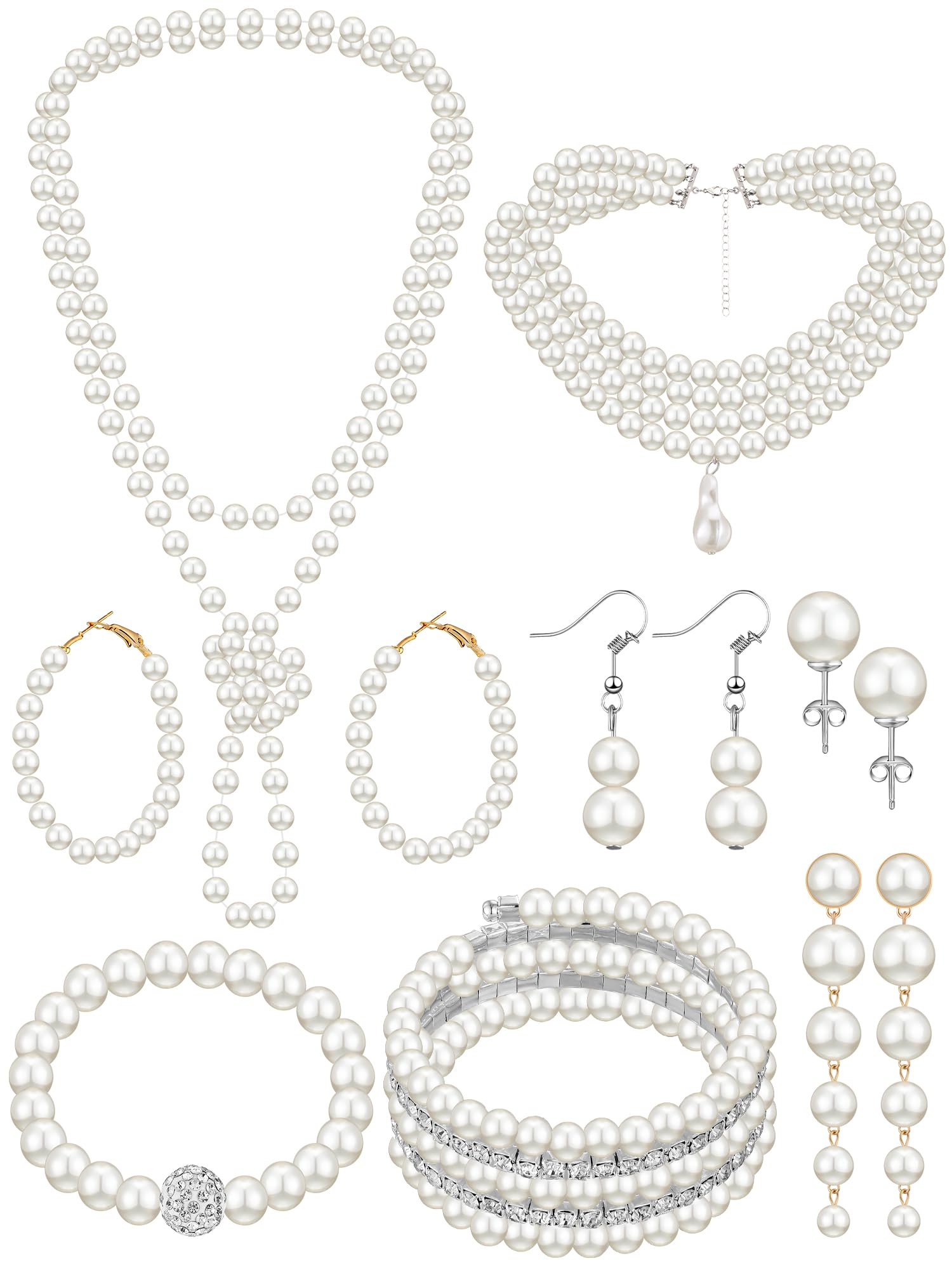 BBTO 8 Pcs Pearl Necklace and Earrings Set for Women Pearl Bracelets Costume Jewelry Set for Wedding Bridal Halloween Party(Vint