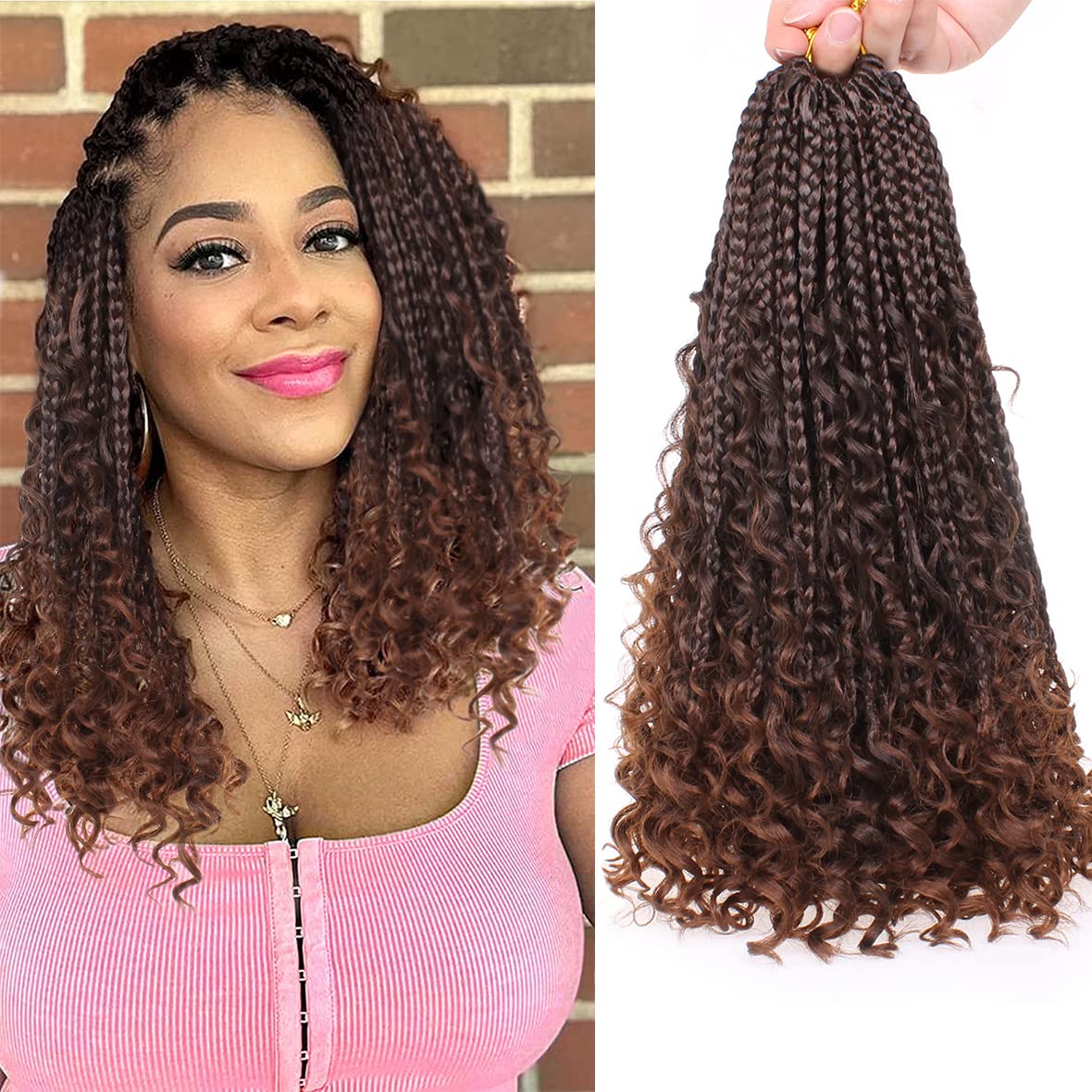 COOKOO 14 Inch Goddess Box Braids Crochet Hair With Curly Ends 8 Pack Synthetic Bohomian Hippie Box Braids Crochet Hair Pre Loop