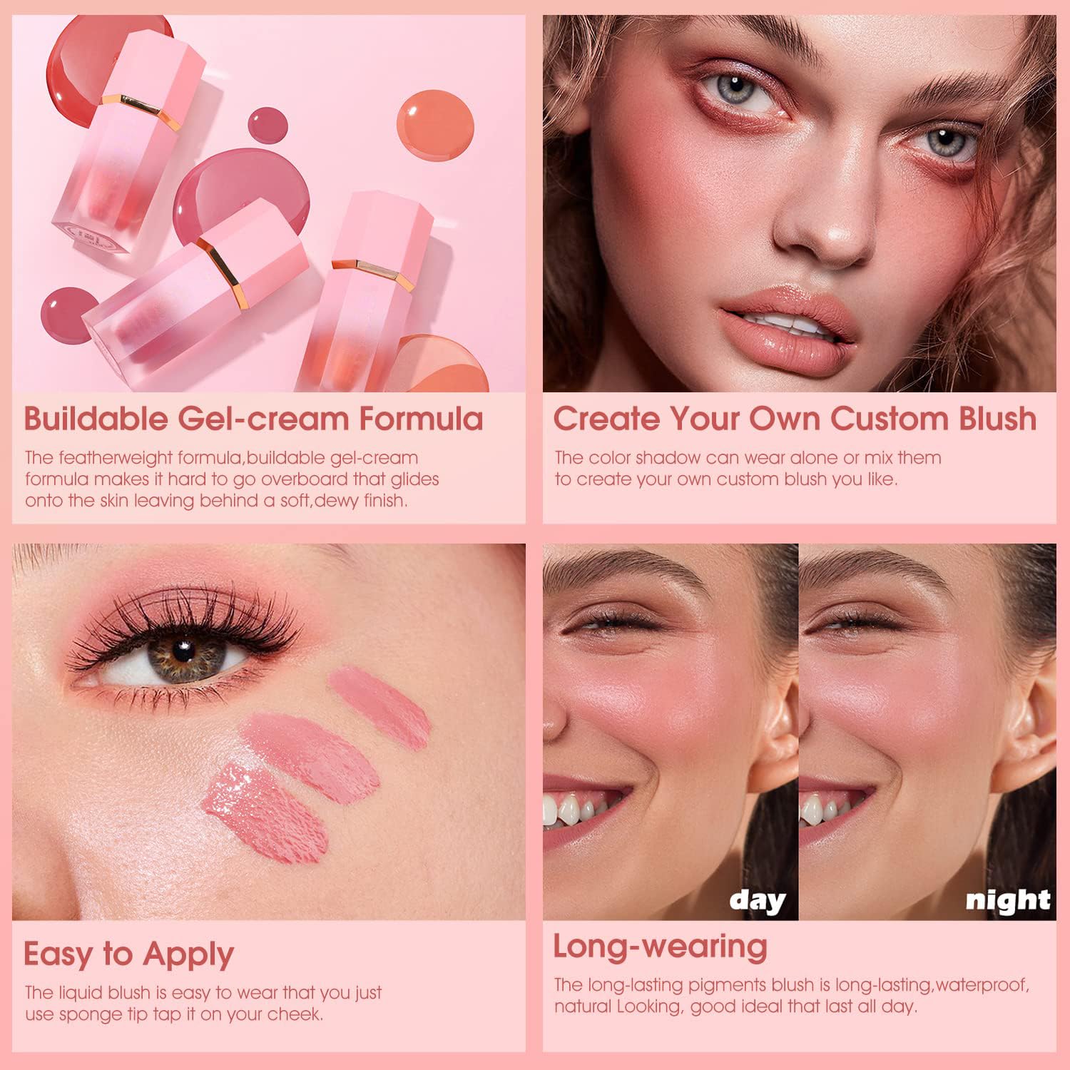 Cheek Gel Cream Liquid Blush Makeup, Soft Lightweight Breathable Feel, Long-Wearing, Smudge Proof, Natural-Looking, Skin Tint Bl