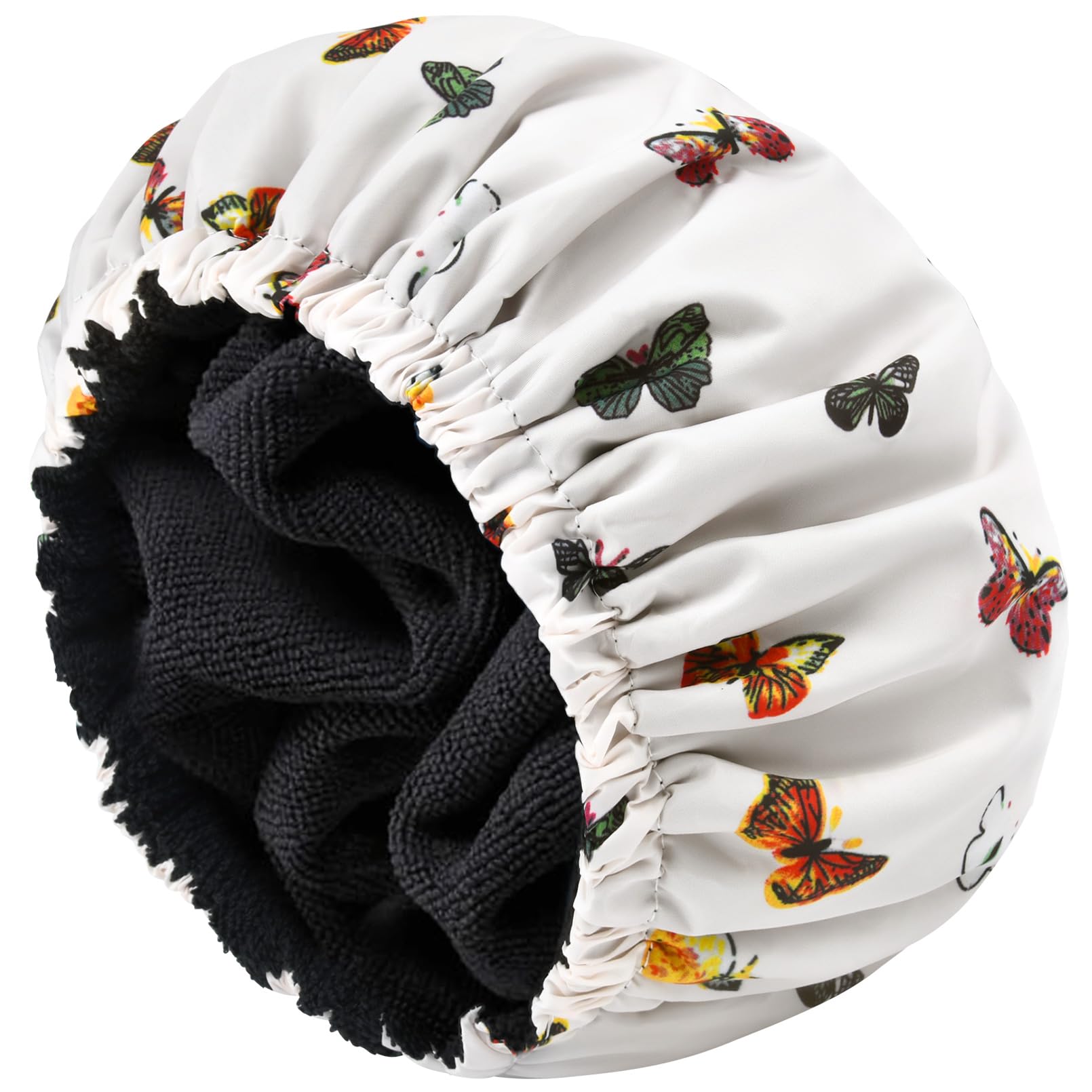 Shower Cap For Women Terry Lined Bath Cap Large Reusable Waterproof Elastic Band Butterfly Shower Caps For Long Thick Hair Soft