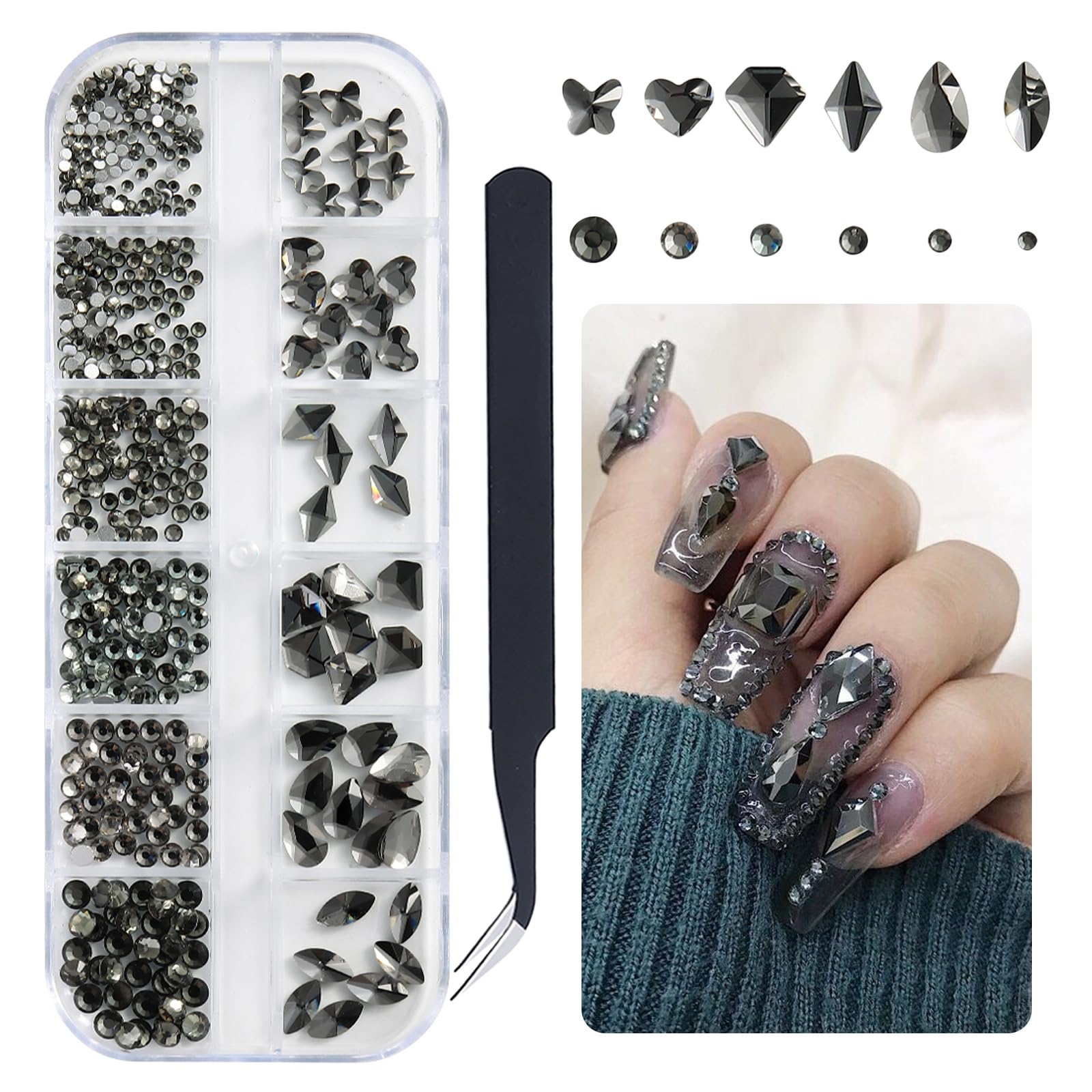 SUTOKAKA 3D Crystal Clear Nail Art Rhinestones Kit Multi Shapes Flatback Black Rhinestones Gems Round Diamond Jewels Beads with 