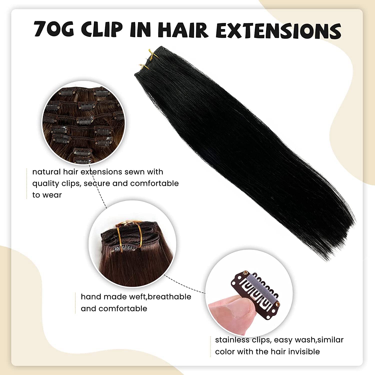 Clip In Human Hair Extensions, 16 Inch 70G 7Pcs Jet Black 100% Real Human Hair Clip In Extensions Skin Weft Natural Human Hair E