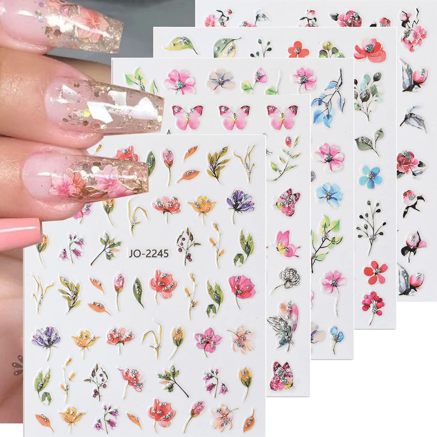 Zoance Flowers Nail Art Sticker Dacals, Holographic Nail Glitter Design Nail Stickers Floral Spring Nail Decals 3D Self-Adhesive