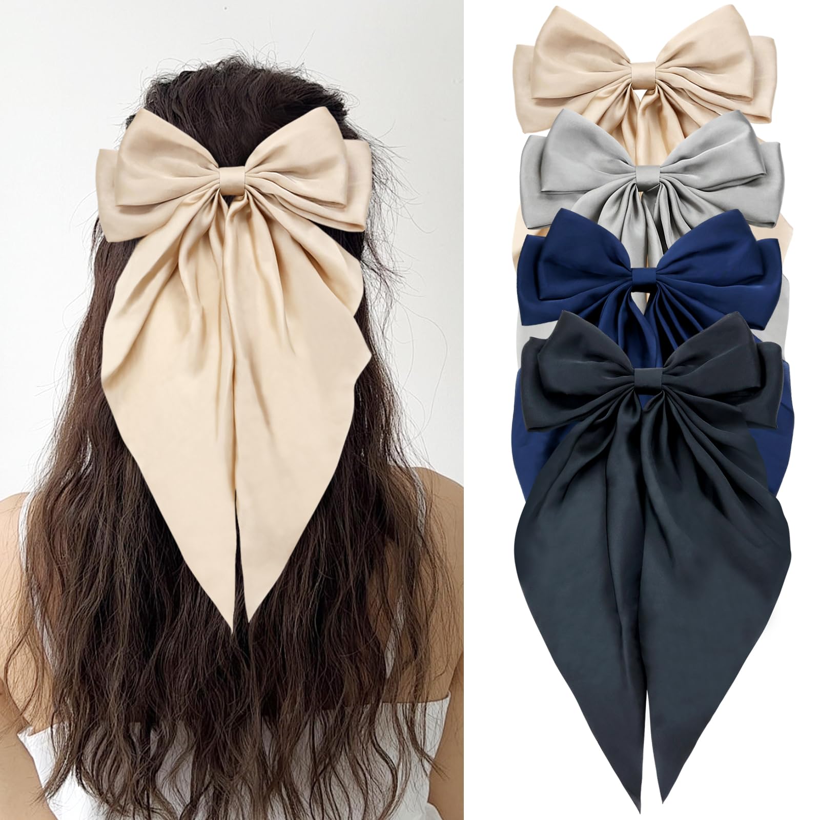 Cinaci 4 Pieces Large Big Oversized Satin Chiffon Hair Bows with Long Tail French Barrettes Hair Clips Accessories for Women Gir