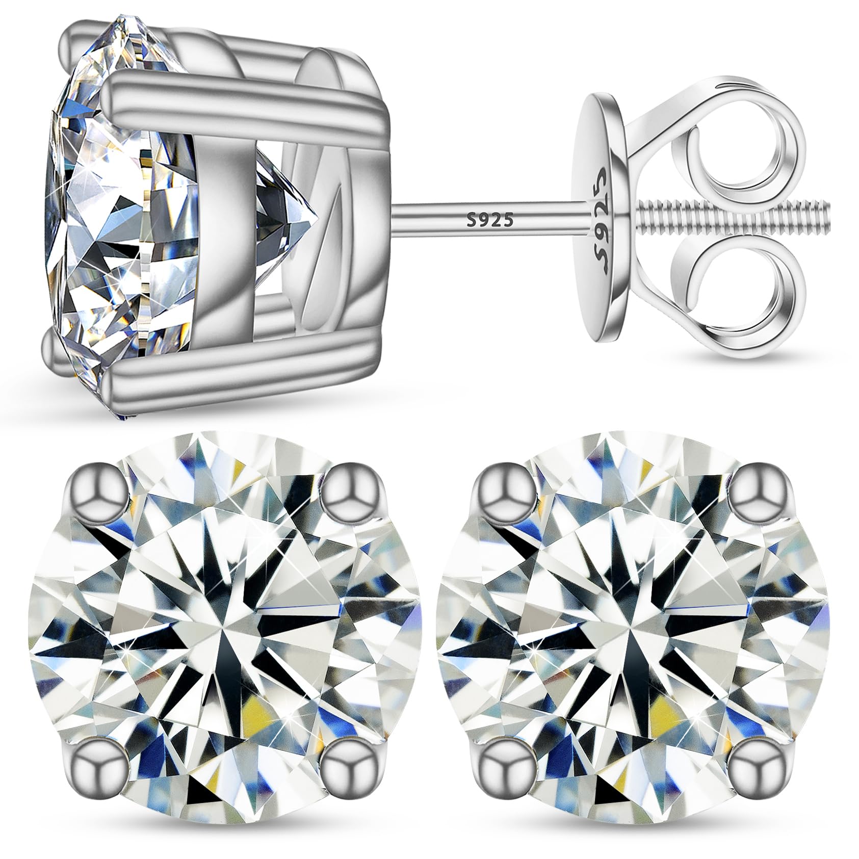 0.2-8 Carats Moissanite Stud Earrings Screw Back Diamond Stud Earrings for Women 18k White/Yellow Gold Plated S925 Sterling Silv