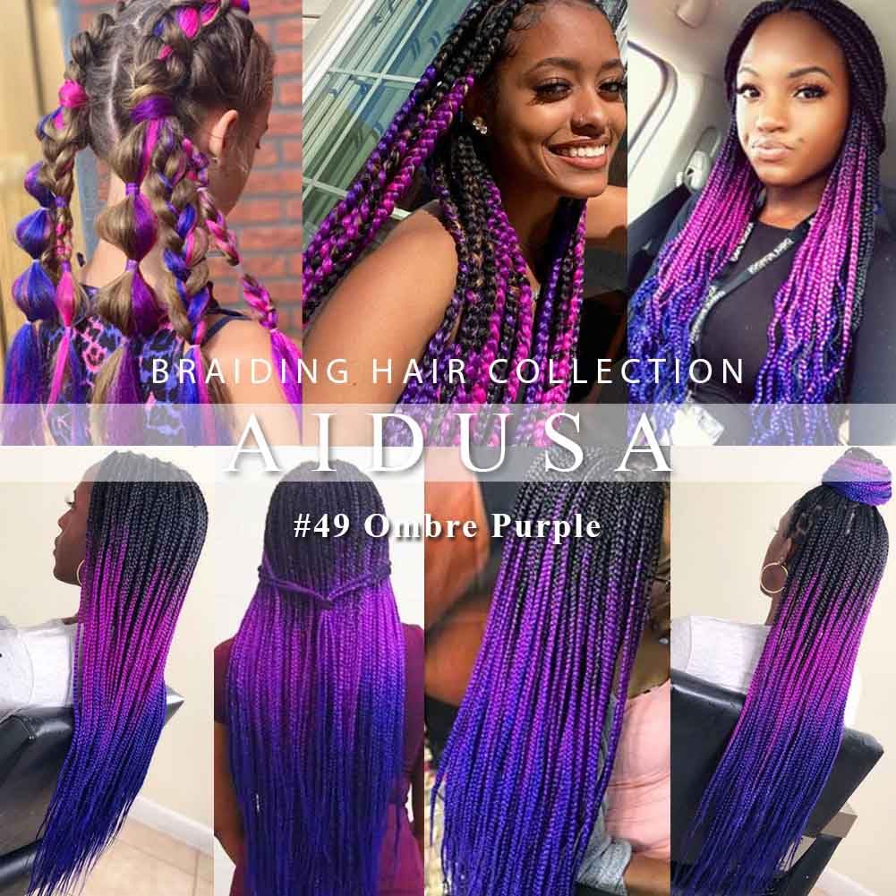 AIDUSA Ombre Braiding Hair Puprle Braiding Hair Extensions 5pcs Synthetic 24 Inch 3 Tone Jumbo Braiding Hair Black to Purple Cro