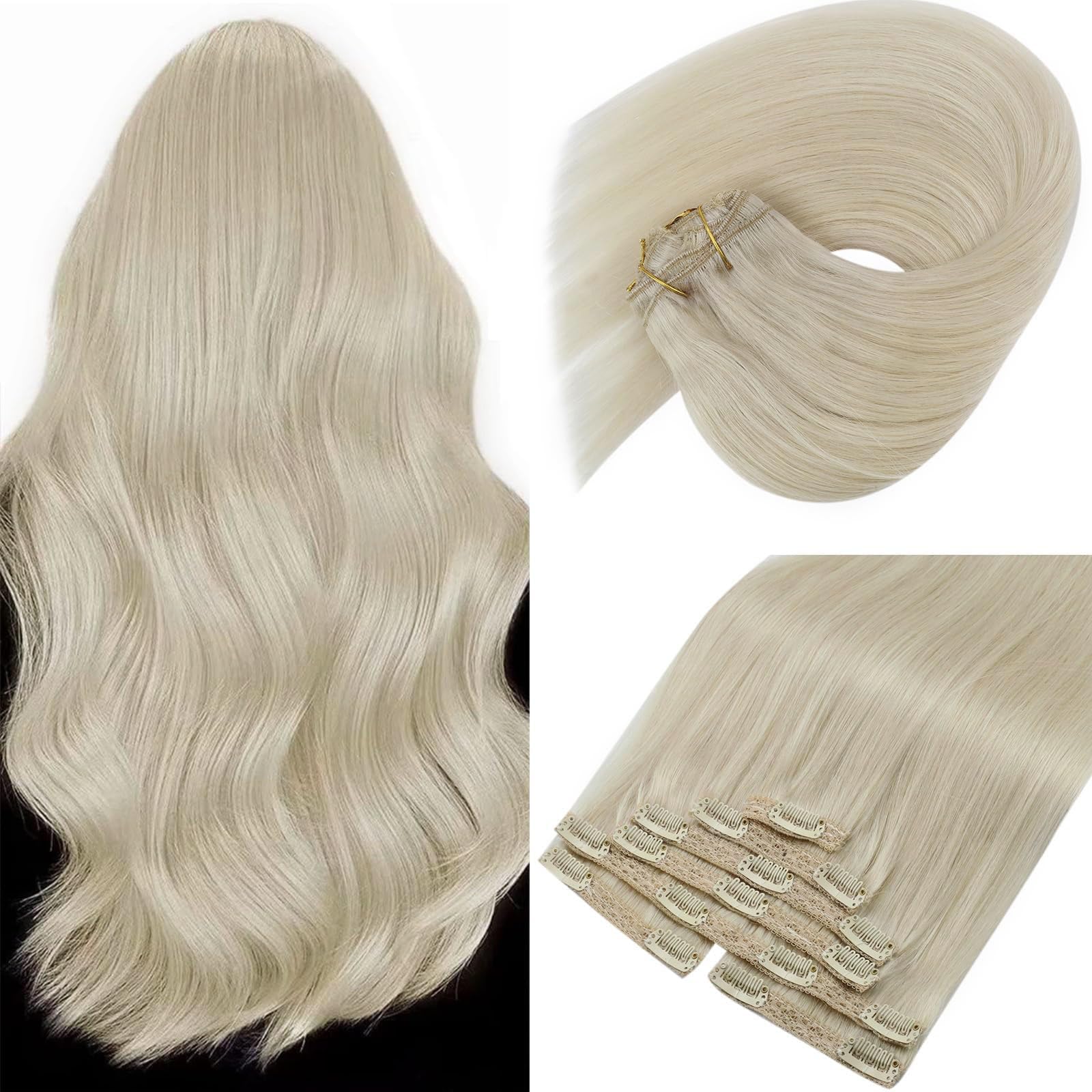 Sunny Long Clip in Hair Extensions Human Hair Platinum Blonde Real Hair Extensions Clip in Human Hair Blonde Hair Extensions Rem