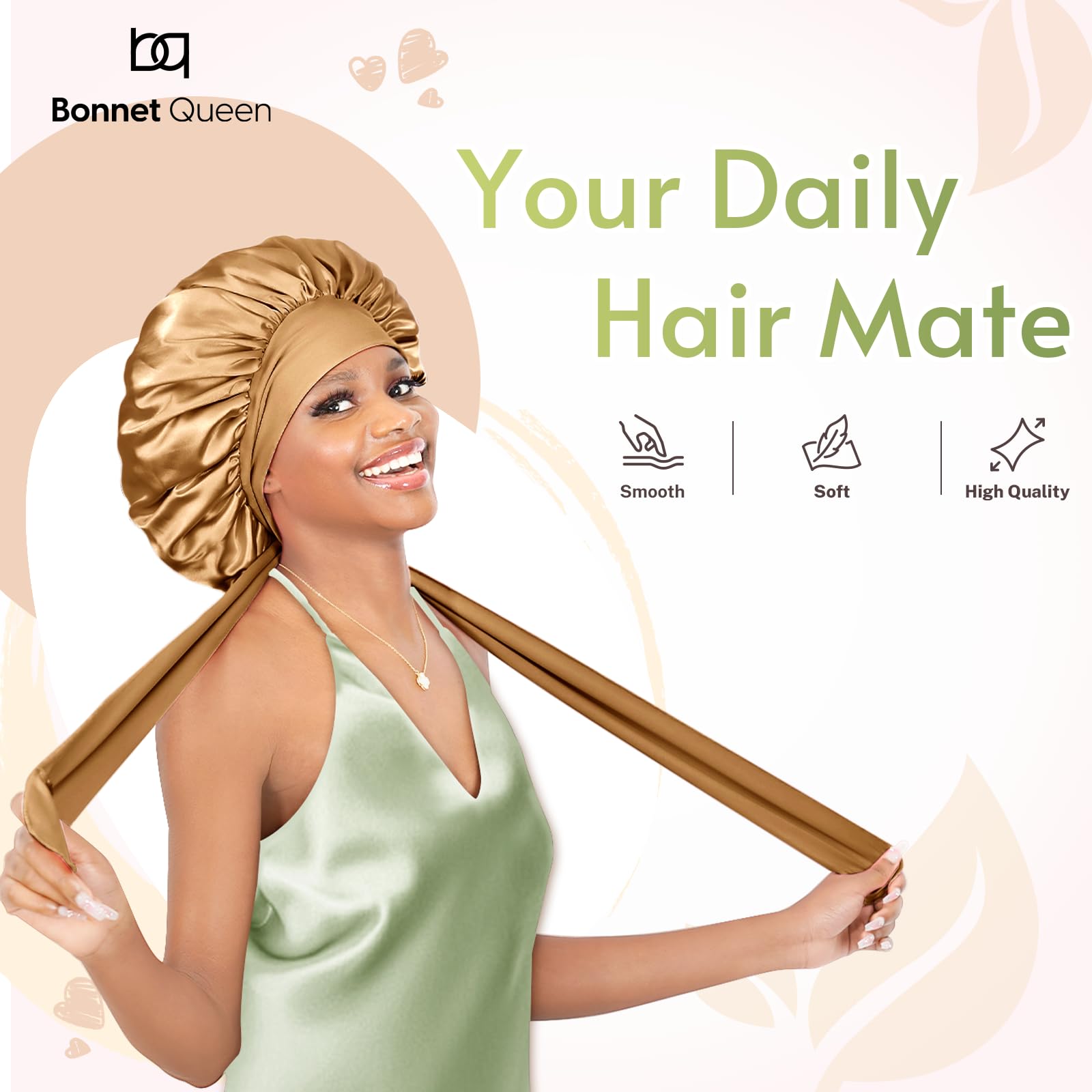 BONNET QUEEN Silk Bonnet for Sleeping - Medium Satin Hair Cap, Gold, Model ESN-BN001-1-GLD-M for Curly Hair