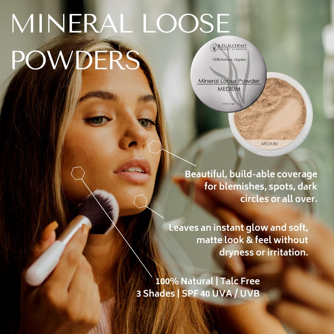RD ALCHEMY - MEDIUM - 100% Natural & Organic Mineral Loose Powder - Best lightweight Concealer or Foundation with buildable cove