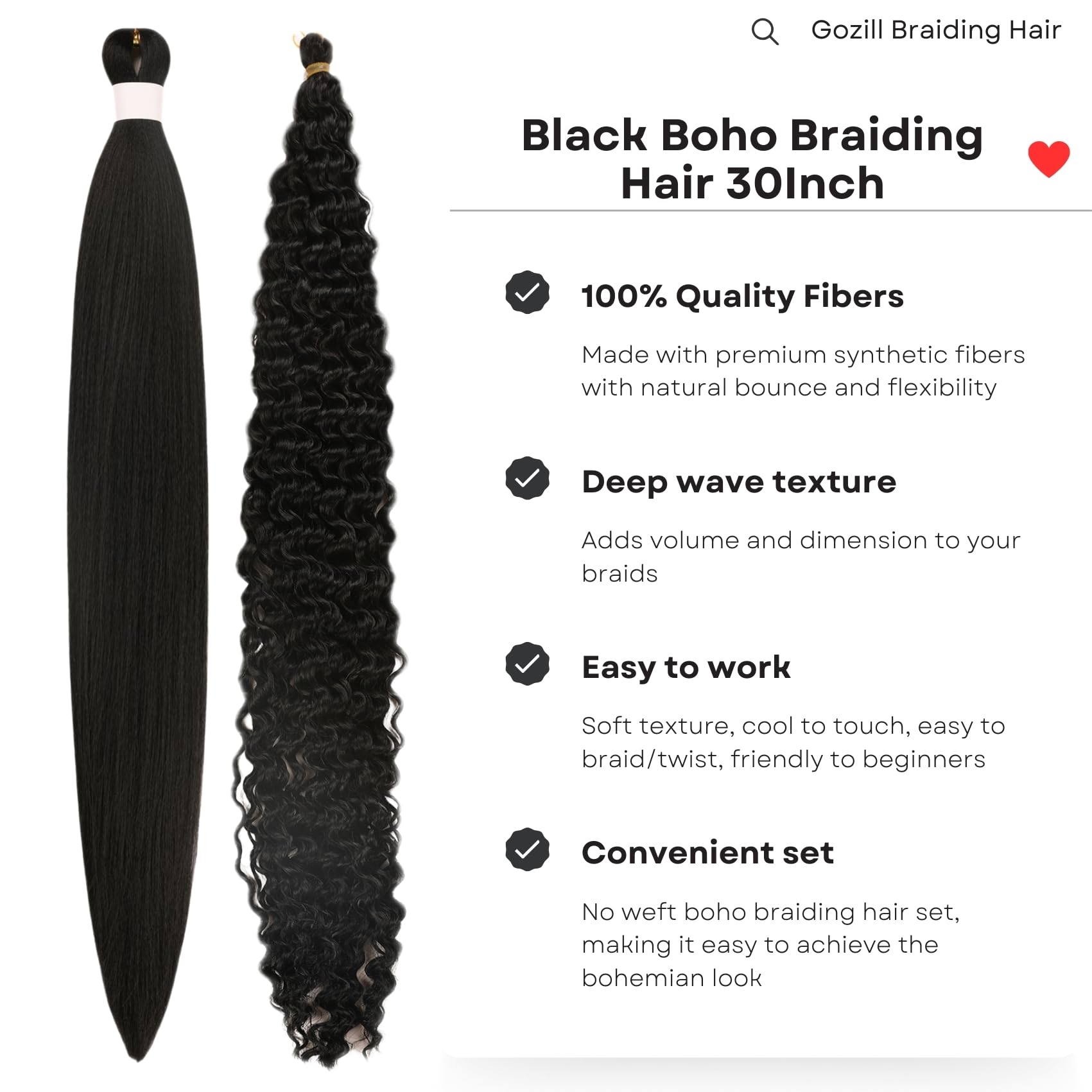 Black Braiding Hair Pre Stretched 30Inch for Boho Braids Long Knotless Weave Boho Braids Hair for Braiding