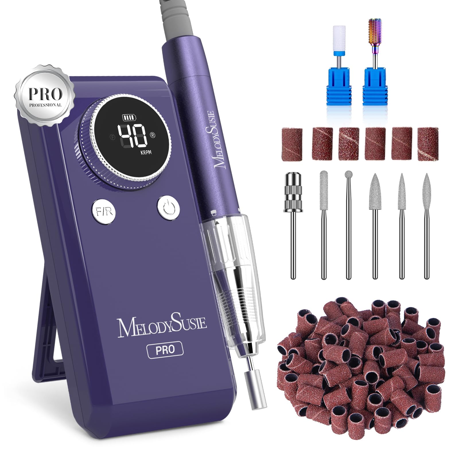 MelodySusie Professional 2 in 1 Nail Drill Kit 40,000 RPM, MB420G Brushless Portable Cordless Rechargeable Electric Nail File, E