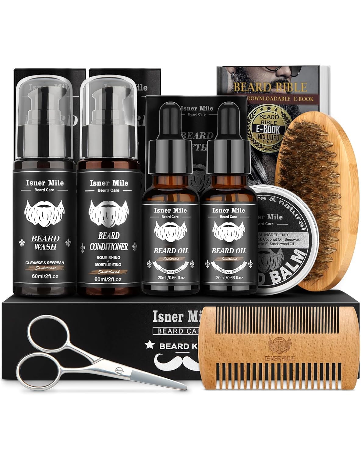 Beard Grooming Kit With 2 Pack Beard Original Oil, Beard Balm, Wash & Conditioner For After Shave Lotions-Sandalwood, Beard Brus