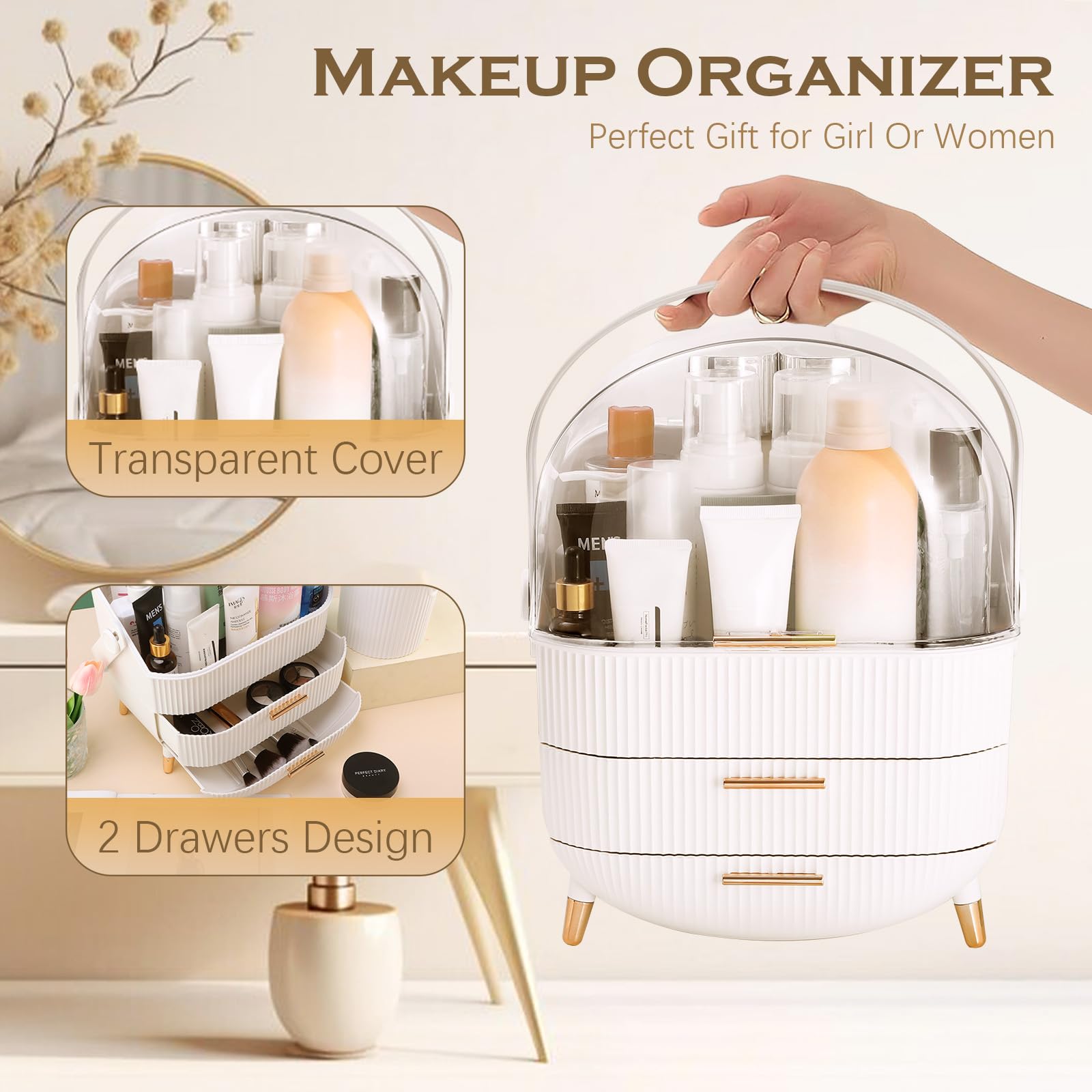Lurcns Makeup Organizers And Storage, Make Up Organizer For Vanity Cosmetics Skincare Organizers With Lid And Drawers Display Ca