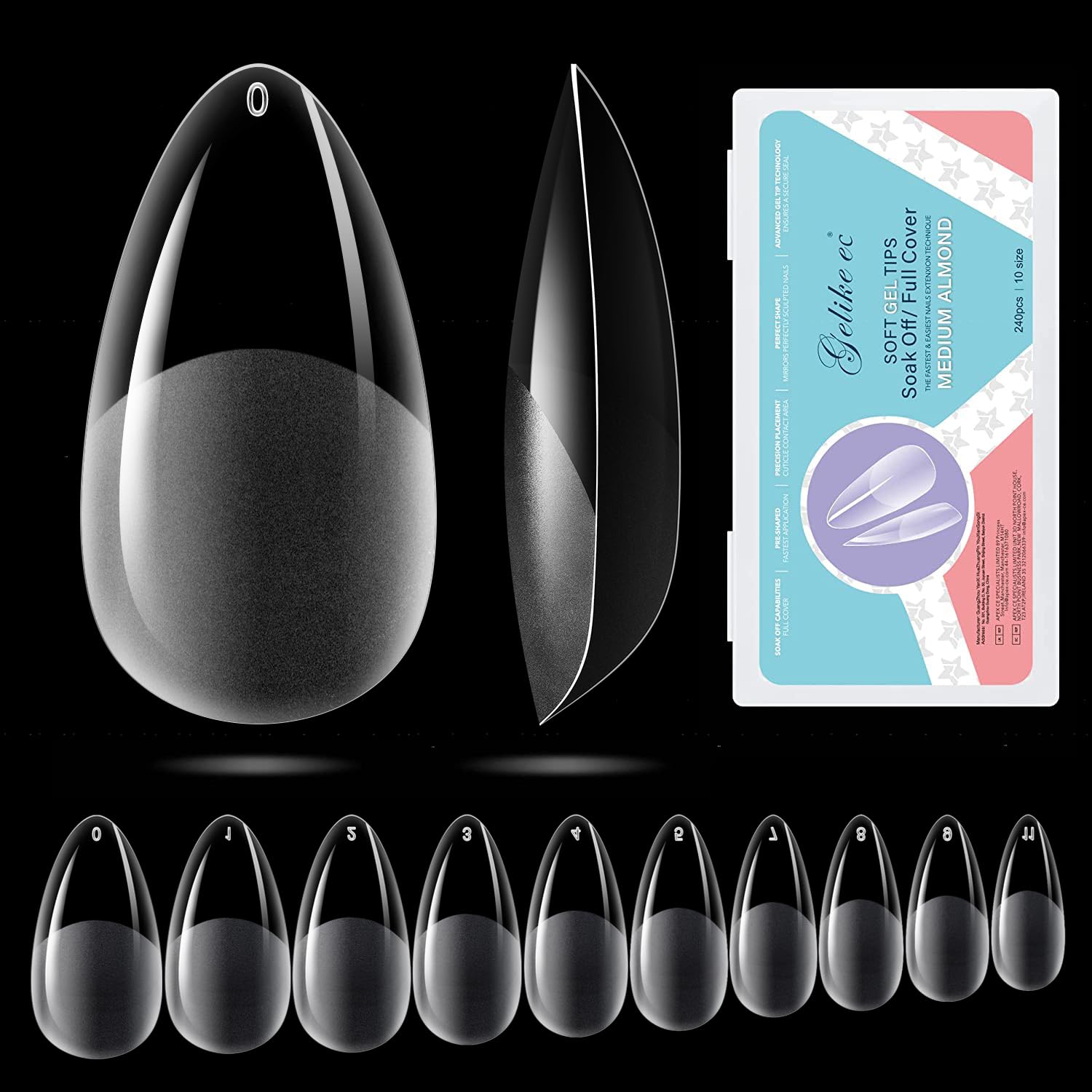 Gelike EC 240PCS Soft Gel Nail Tips Kit - Clear Cover Full Nail Extensions - Medium Almond Pre-shaped Acrylic False Gelly Nail T