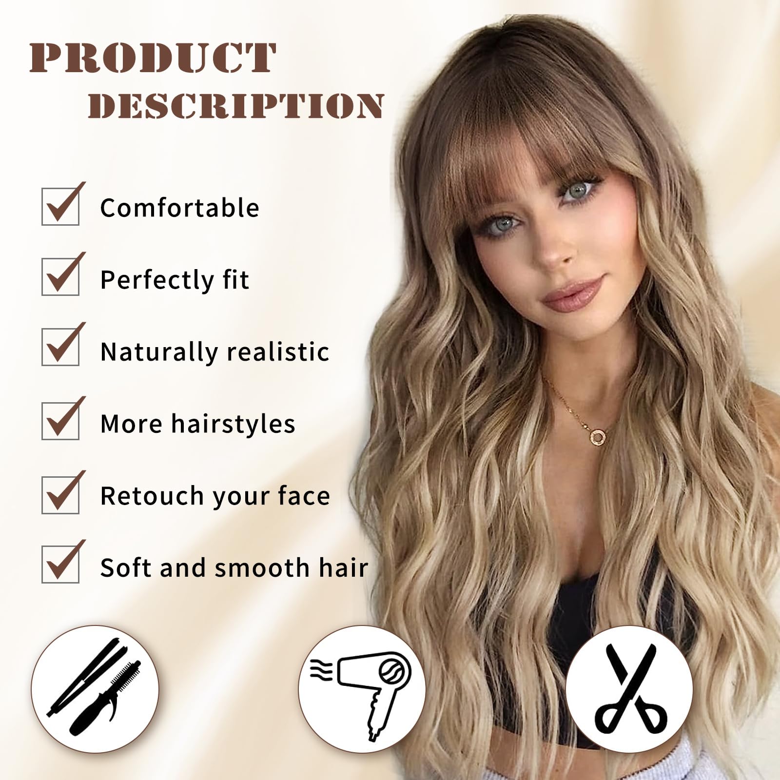 Lativ Blonde Wig With Bangs Long Wavy Curly Ombre Wig With Dark Root Synthetic Heat Resistant Wigs For Women Daily Party Use 26