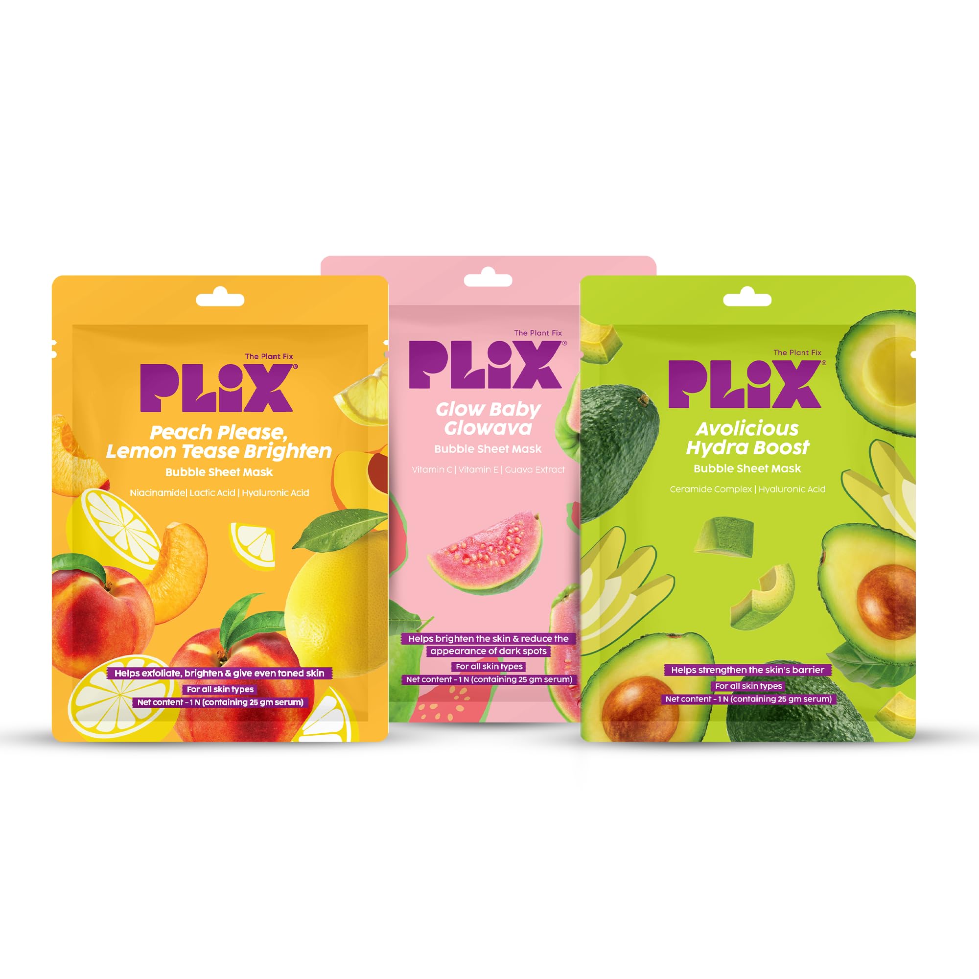 Plix Fruit Fusion Bubble Sheet Mask Combo | Hydrate, Brighten & Glow | Fun Bubble Skincare | Avocado, Peach & Lemon, And Guava E